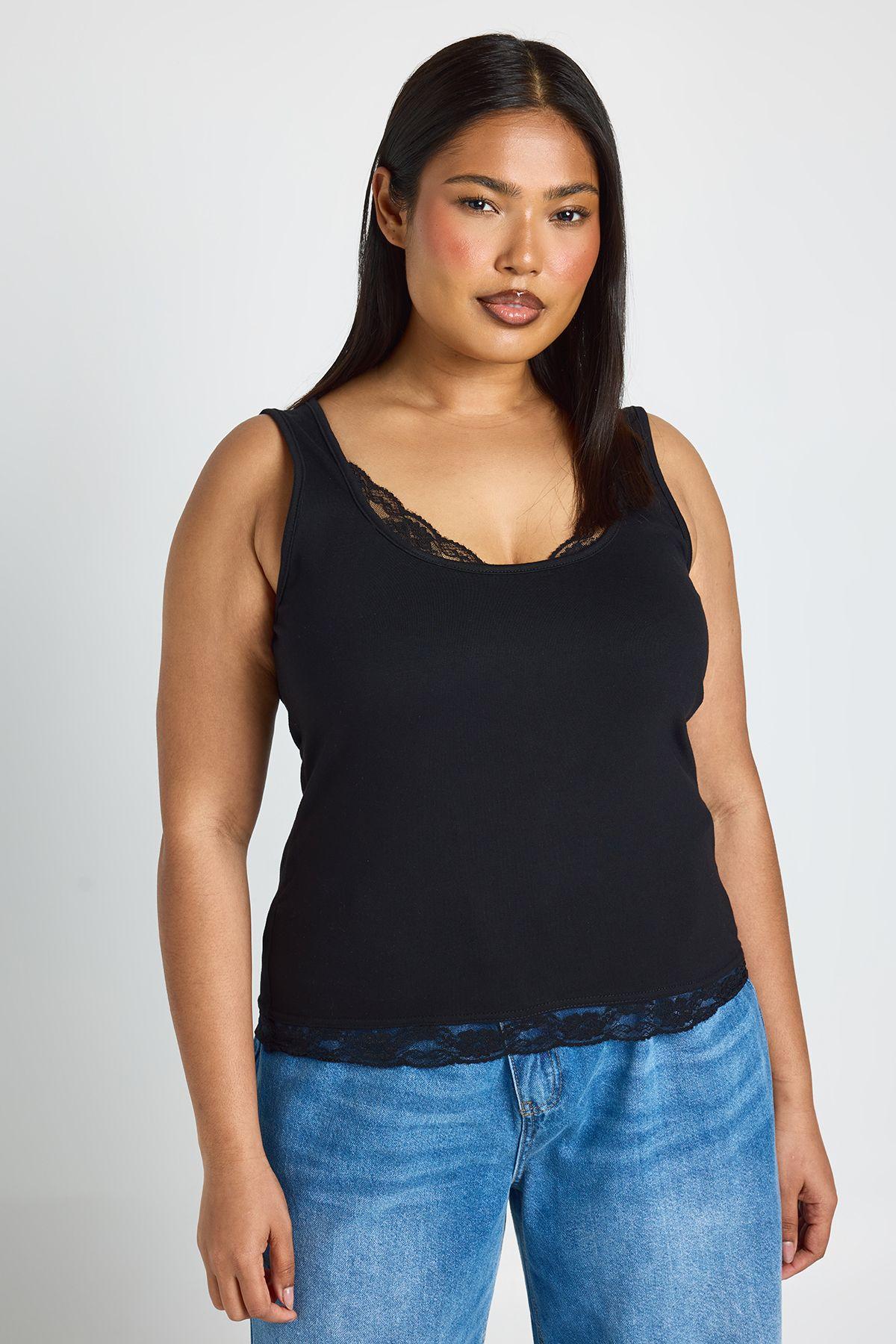Plus Strappy Lace Trim Cotton Vest Top by BOOHOO
