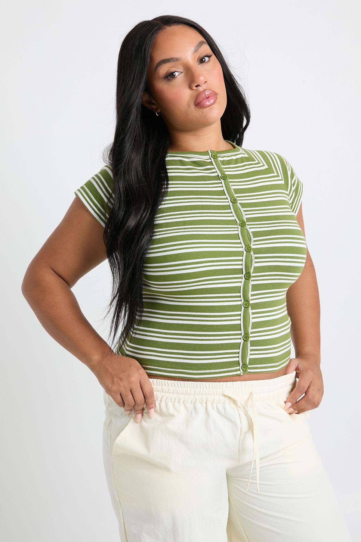 Plus Stripe Button Down Cap Sleeve Top by BOOHOO