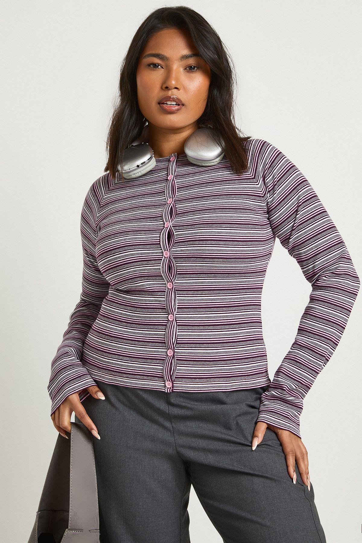 Plus Stripe Button Down Long Sleeve Top by BOOHOO