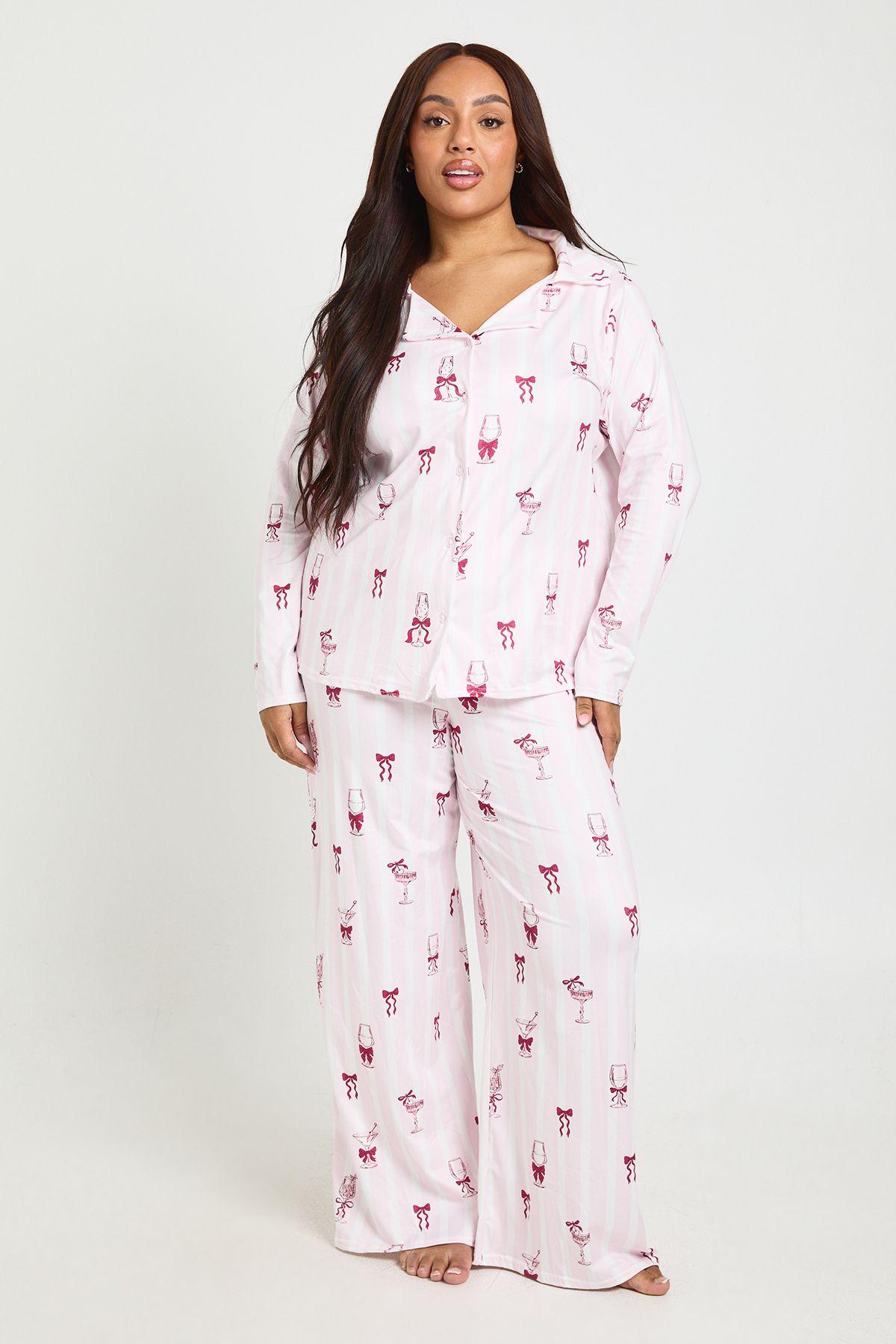 Plus Stripe Cocktail Long Sleeve Shirt And Trousers Pyjama Set by BOOHOO