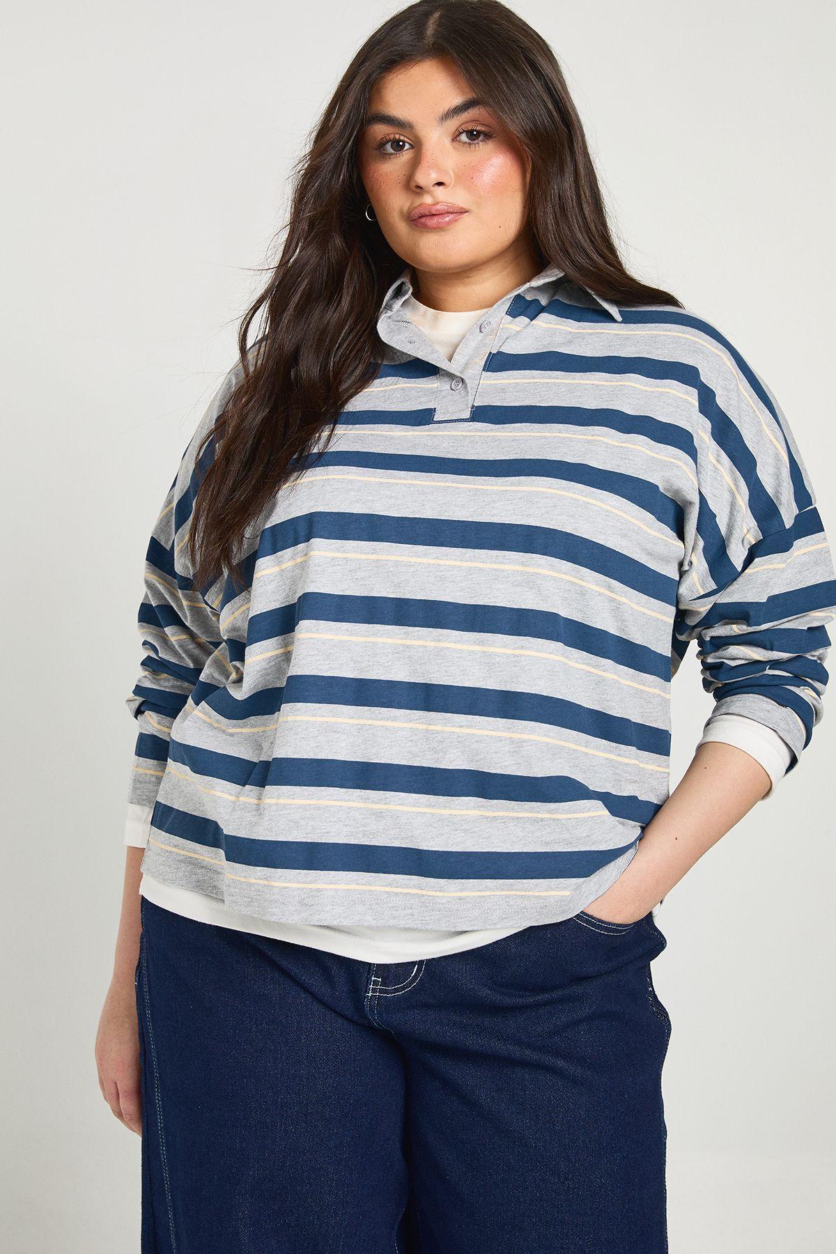 Plus Stripe Collared T-Shirt by BOOHOO