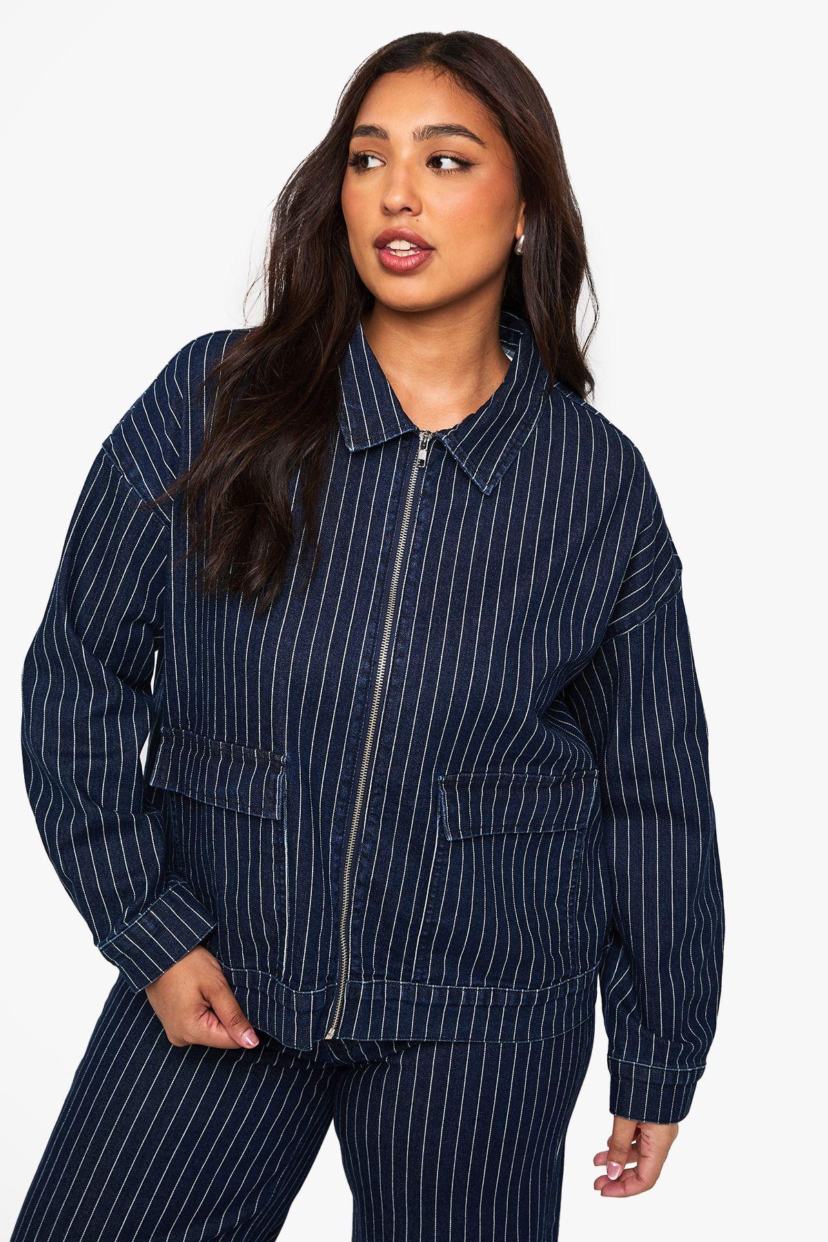 Plus Stripe Denim Collared Jacket by BOOHOO
