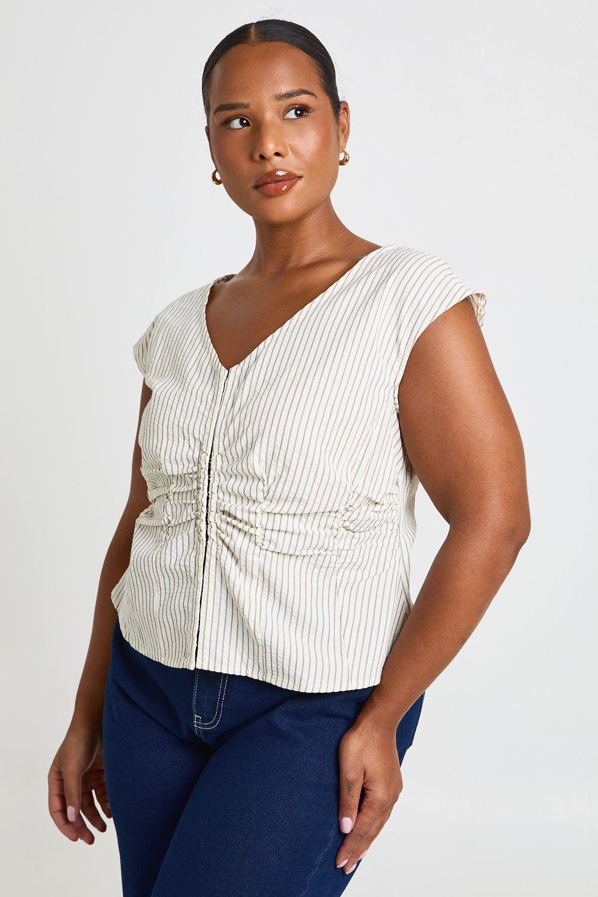 Plus Stripe Hook and Eye Cinched Cap Sleeve Top by BOOHOO