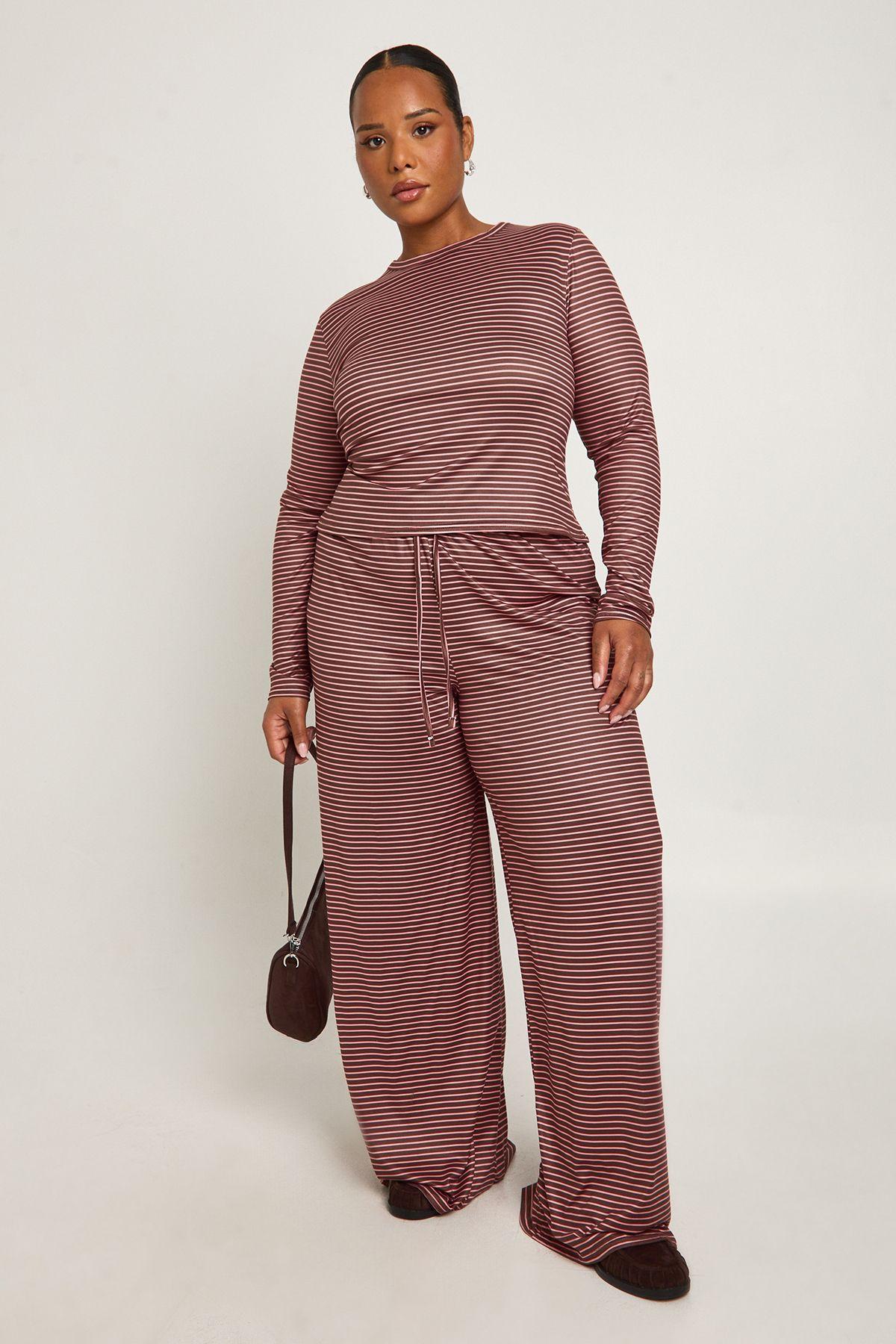 Plus Stripe Long Sleeve Fitted Top And Wide Leg Trouser by BOOHOO