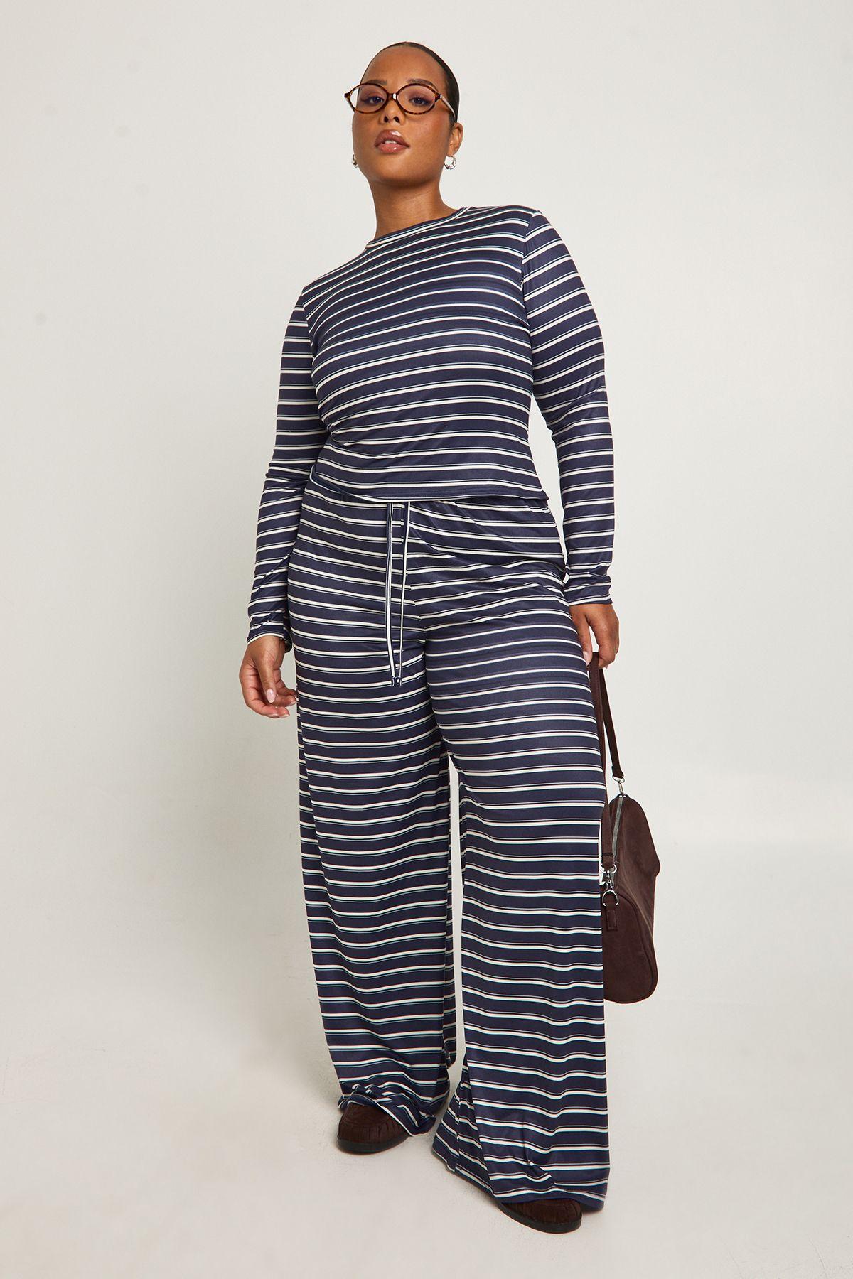 Plus Stripe Long Sleeve Fitted Top And Wide Leg Trouser by BOOHOO