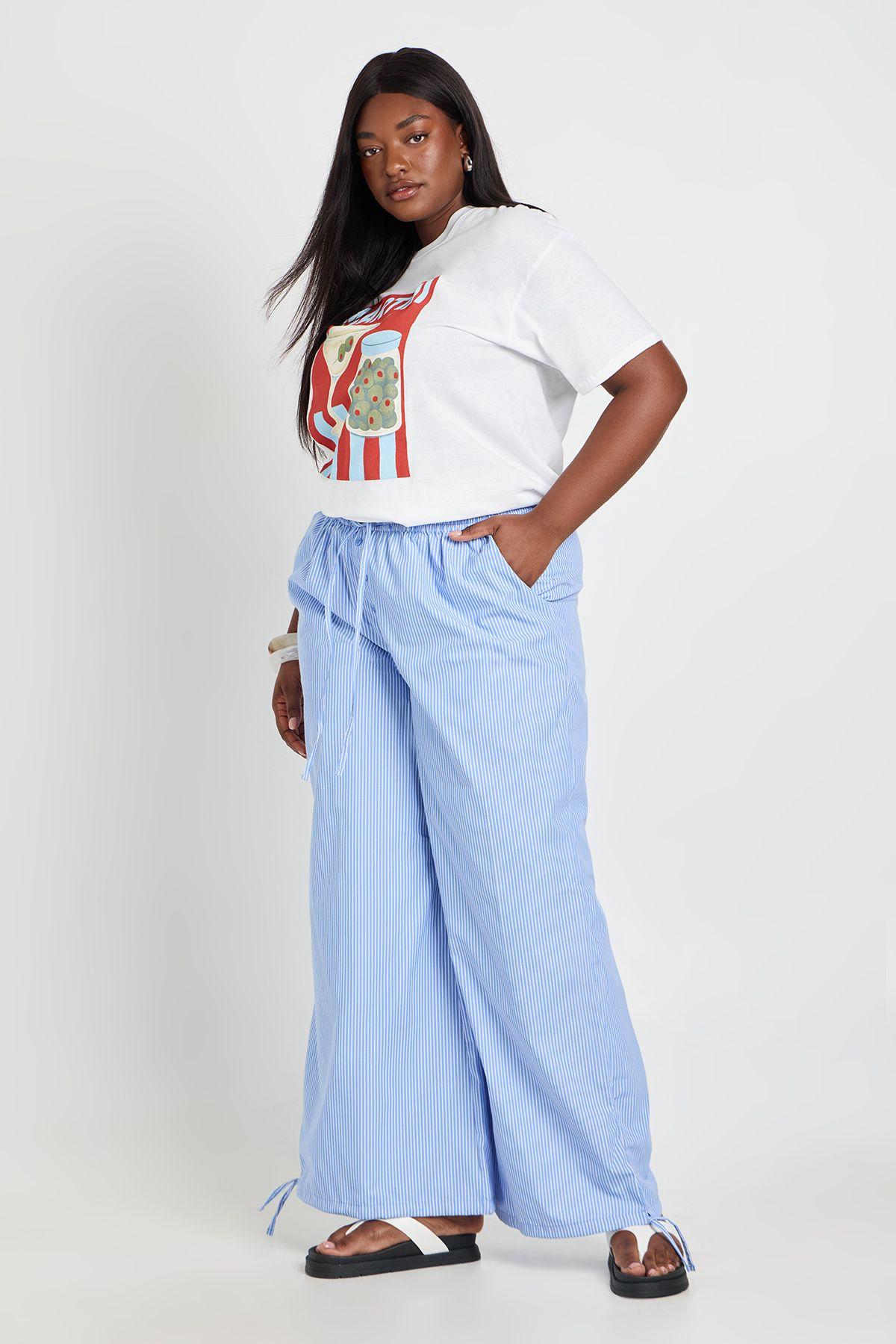 Plus Stripe Poplin Elasticated Waistband Barrel Trouser by BOOHOO