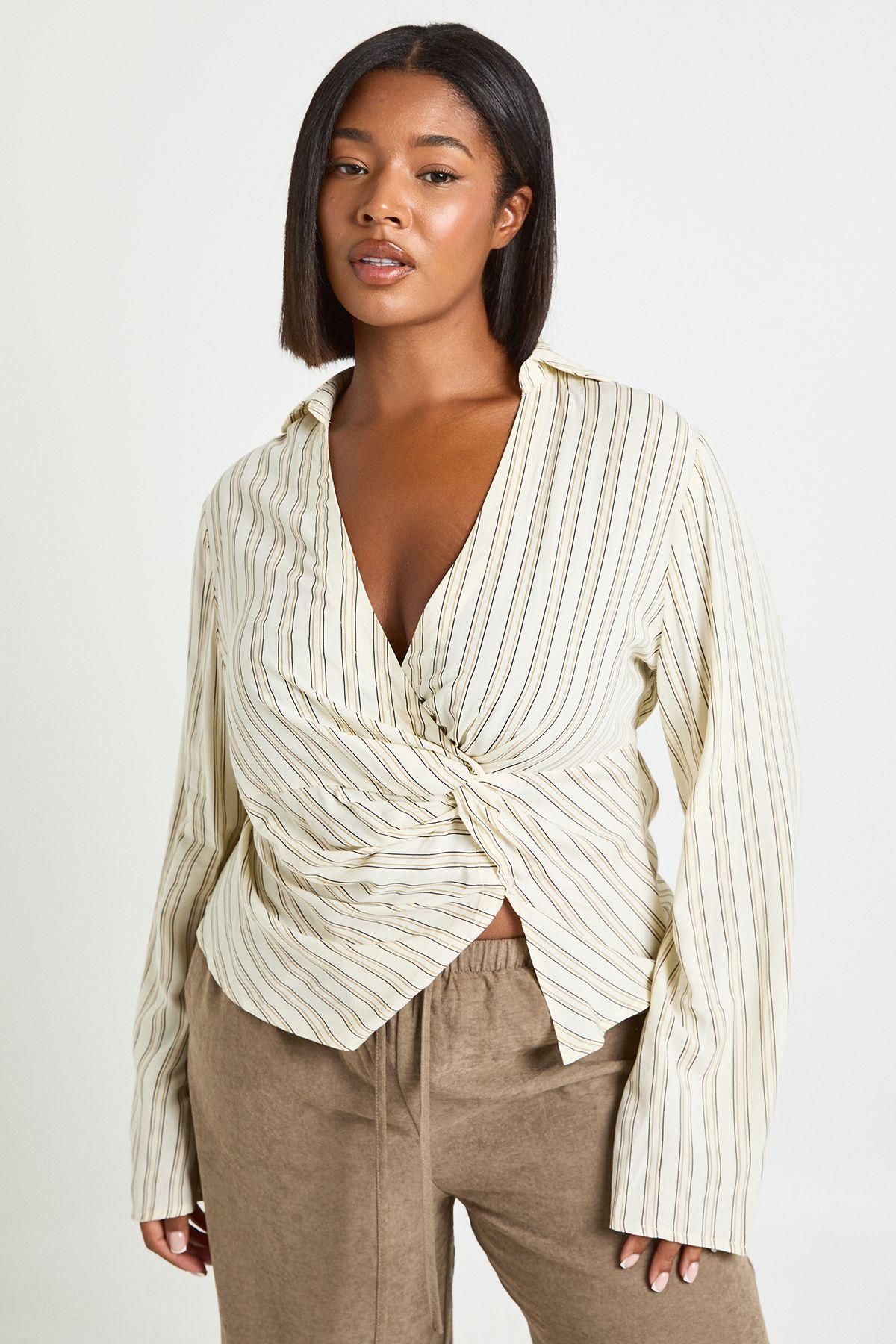 Plus Stripe Twist Front Cinched Shirt by BOOHOO