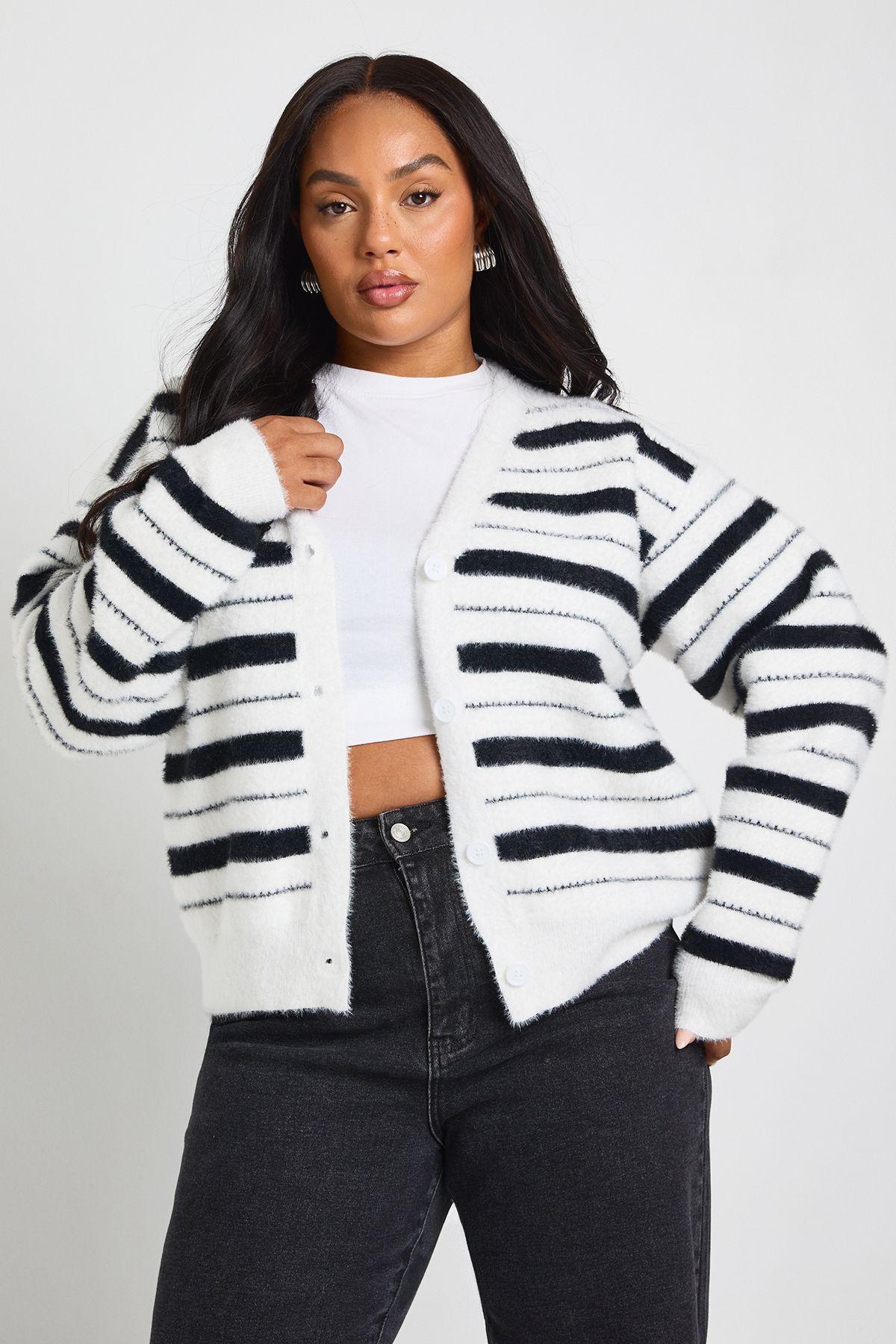 Plus Stripe V Neck Cardigan by BOOHOO