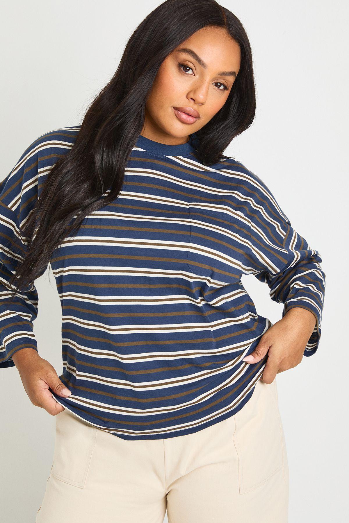 Plus Striped Cotton Pocket Front Long Sleeve Top by BOOHOO