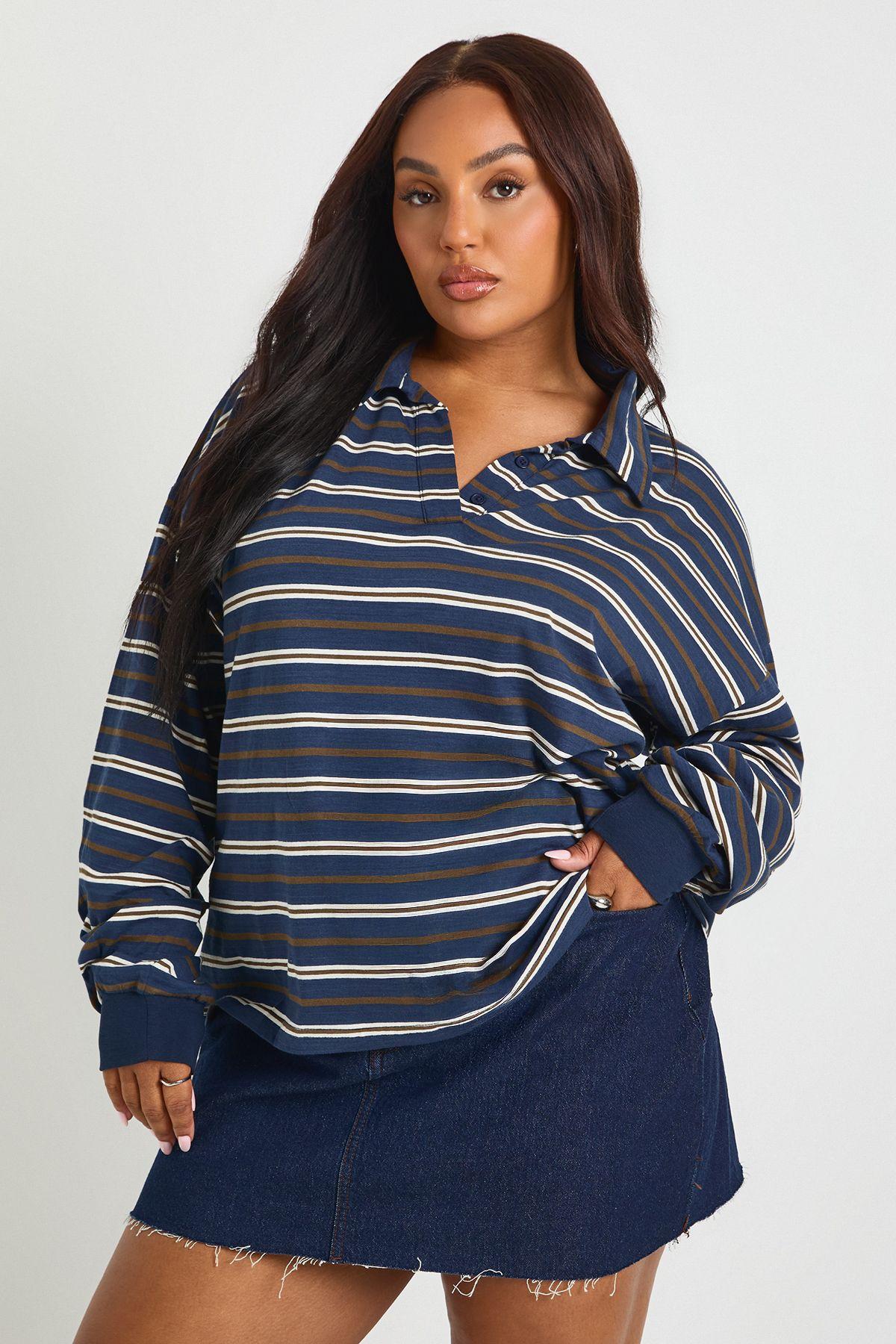 Plus Striped Heavy Cotton Button Detail Collared Rugby Top by BOOHOO