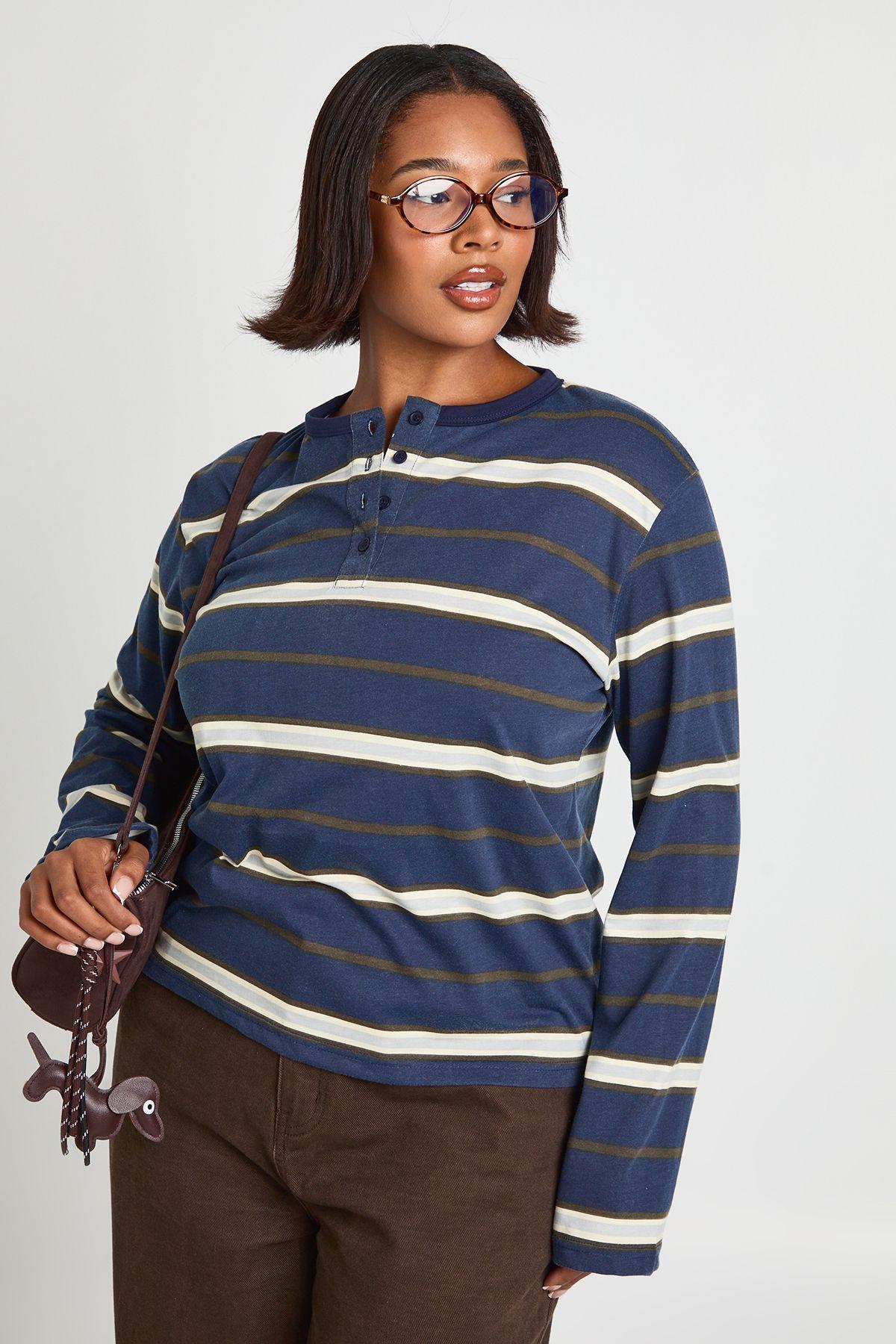 Plus Striped Long Sleeve Henley Button Boxy Top by BOOHOO