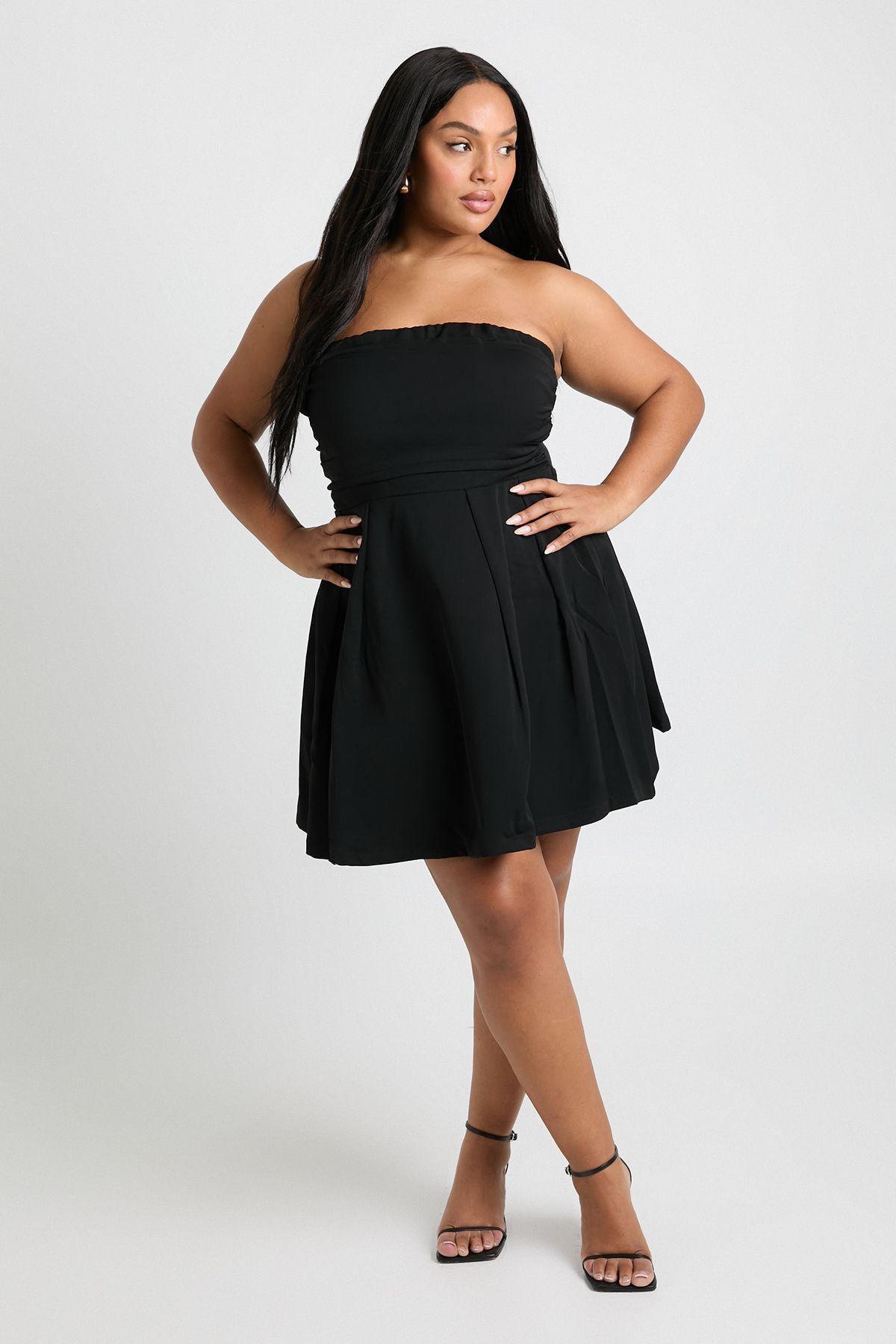 Plus Structured Ruched Mini Bandeau Skater Dress by BOOHOO