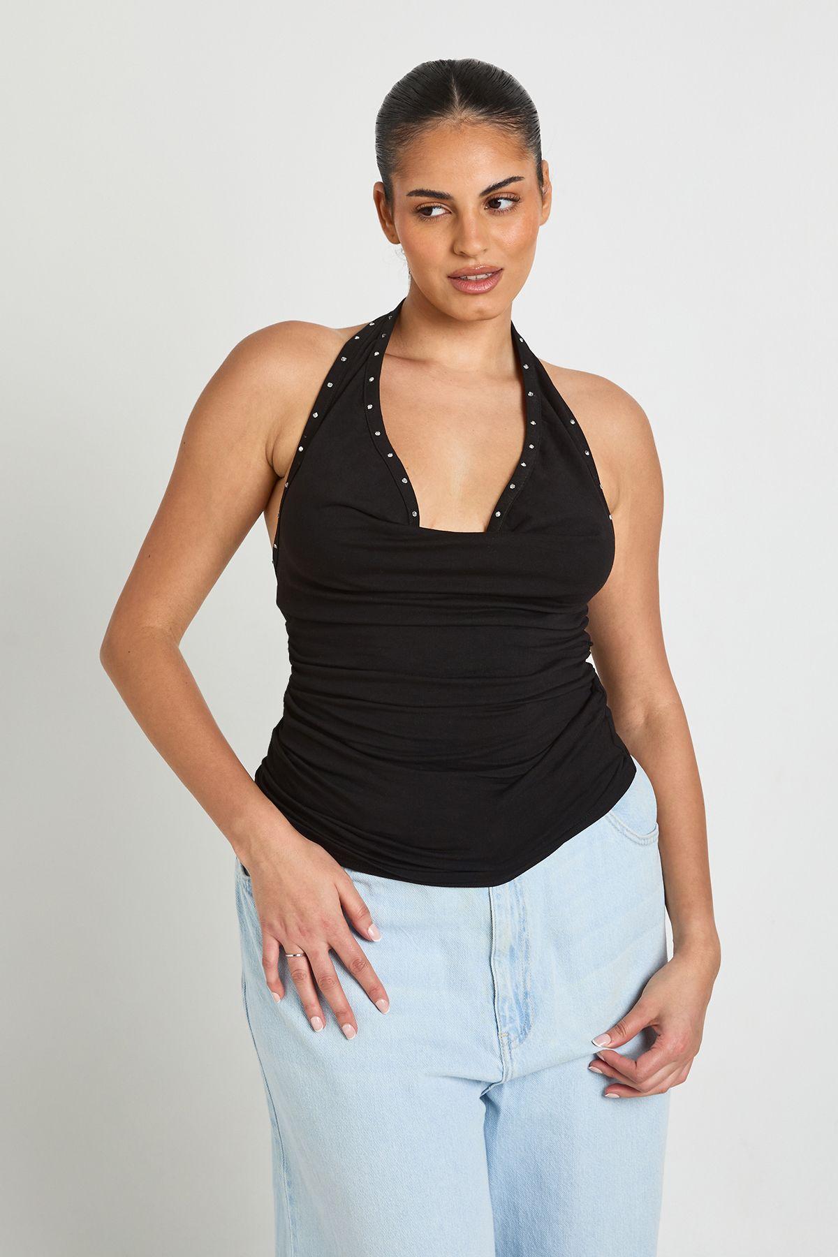 Plus Stud Detail Cowl Neck Halterneck Top by BOOHOO