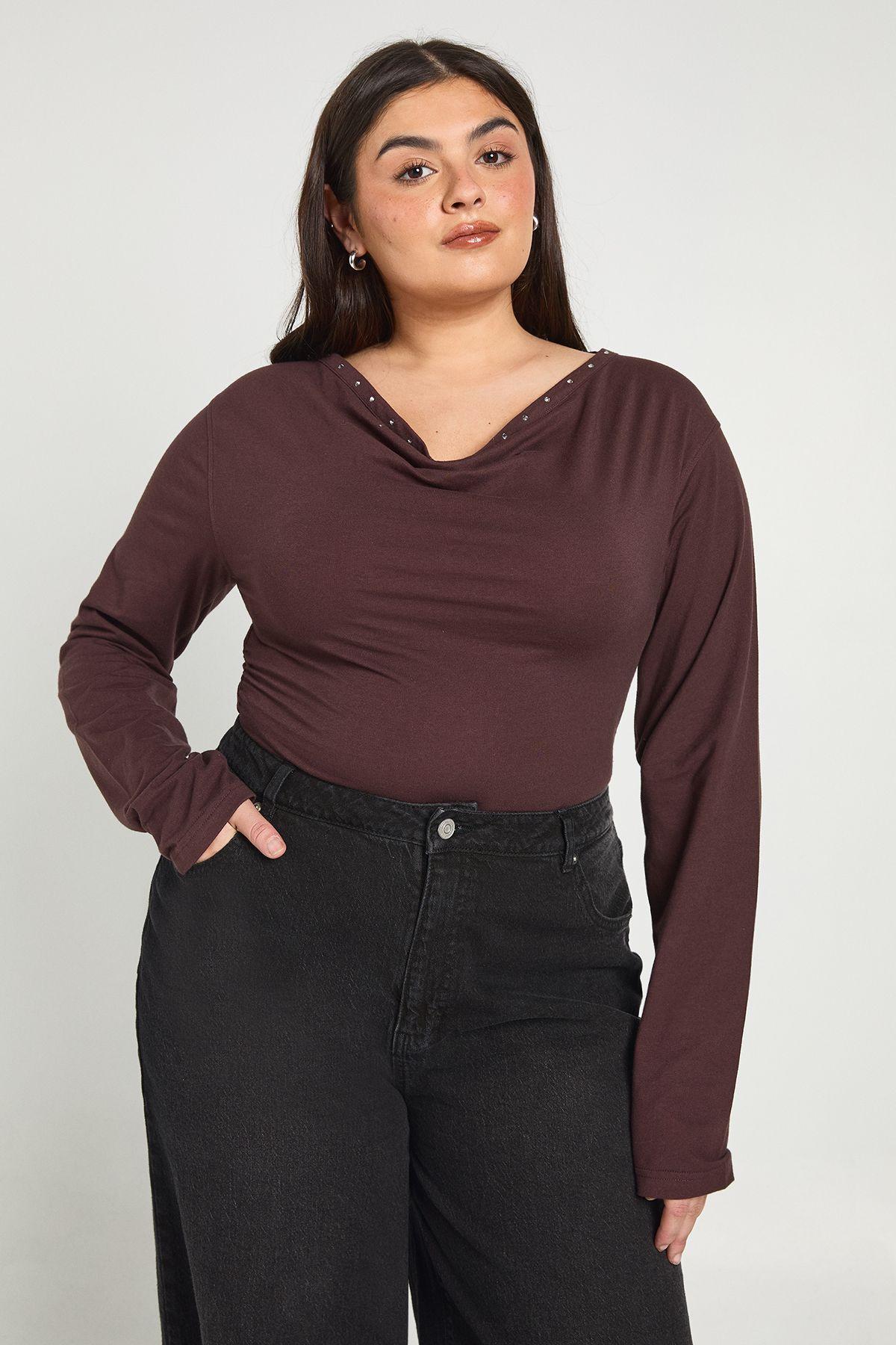 Plus Stud Detail Cowl Neck Long Sleeve Top by BOOHOO