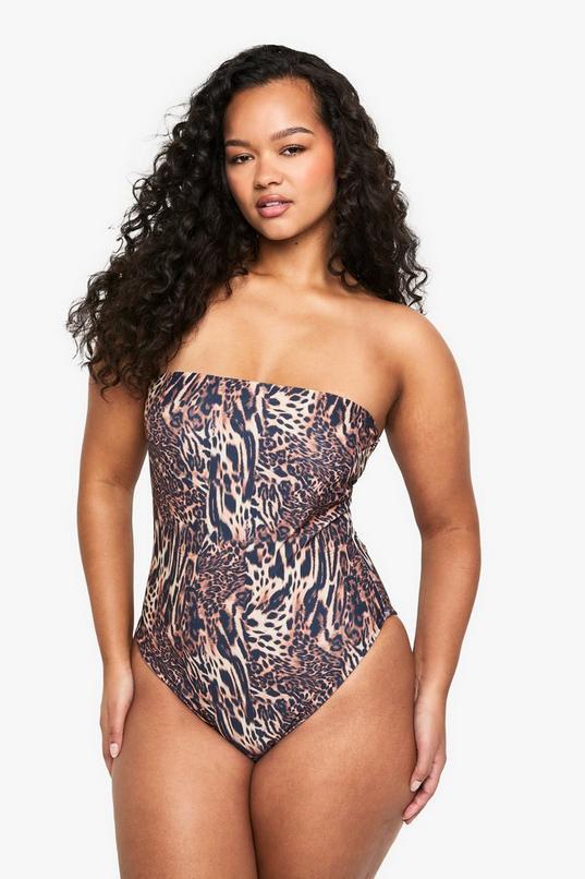 Plus Swimwear Essentials Leopard Bandeau Swimsuit by BOOHOO