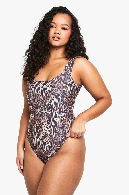 Plus Swimwear Essentials Leopard Square Neck Swimsuit by BOOHOO