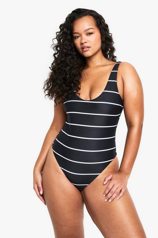 Plus Swimwear Essentials Stripe Scoop Swimsuit by BOOHOO