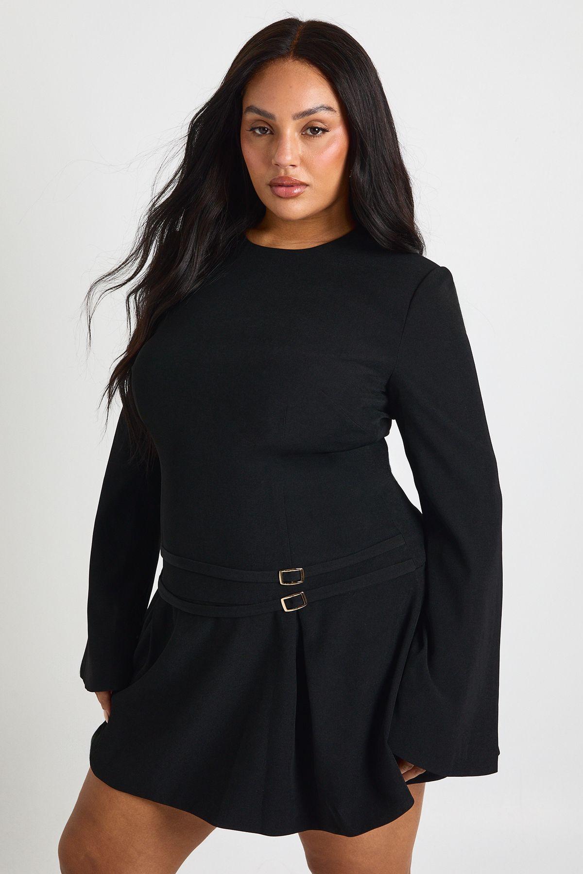 Plus Tailored Buckle Detail Pleated Mini Dress by BOOHOO