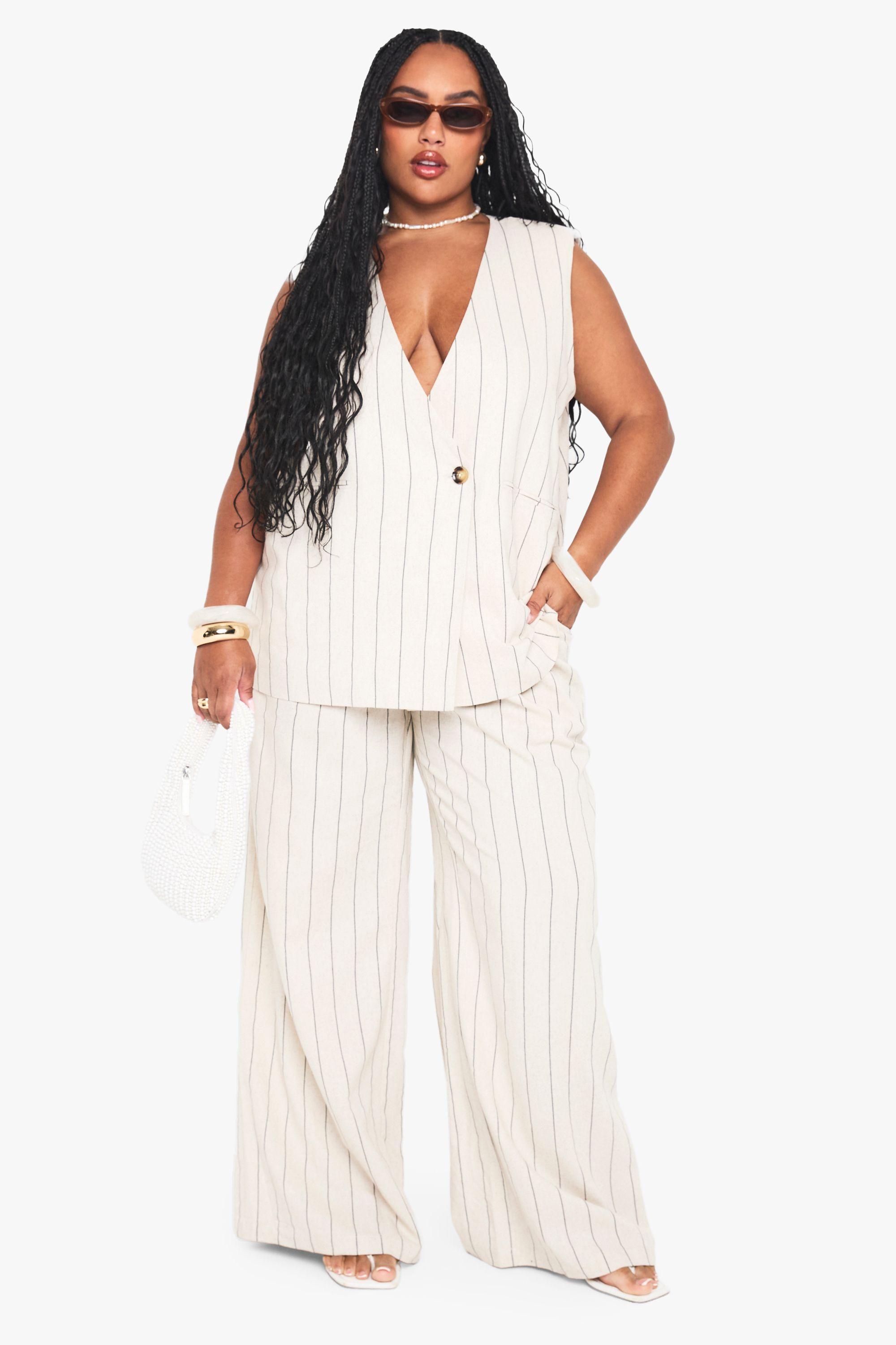 Plus Tailored Linen Stripe Trouser by BOOHOO