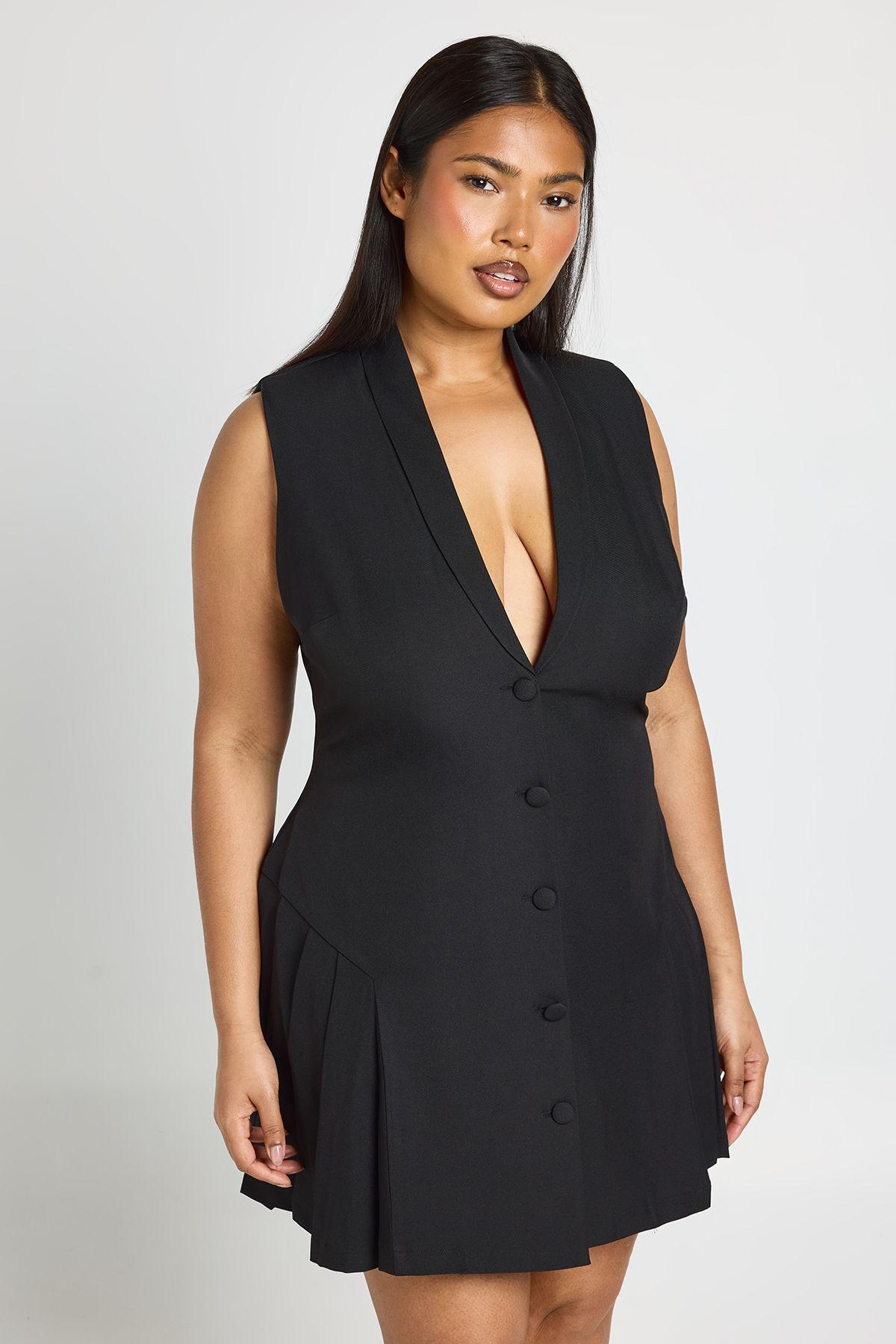 Plus Tailored Pleated Skater Sleeveless Blazer Dress by BOOHOO