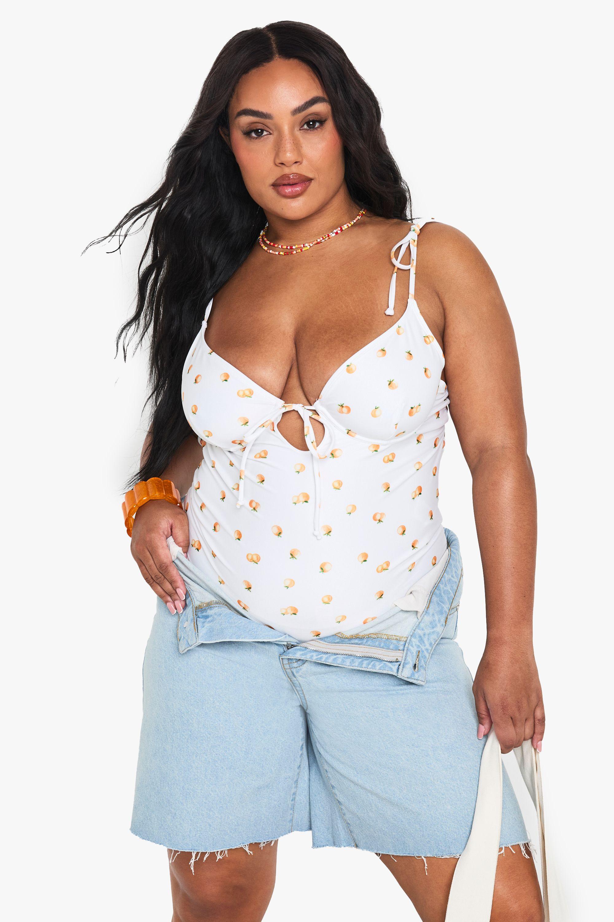 Plus Tangerine Print Bandeau Swimsuit by BOOHOO