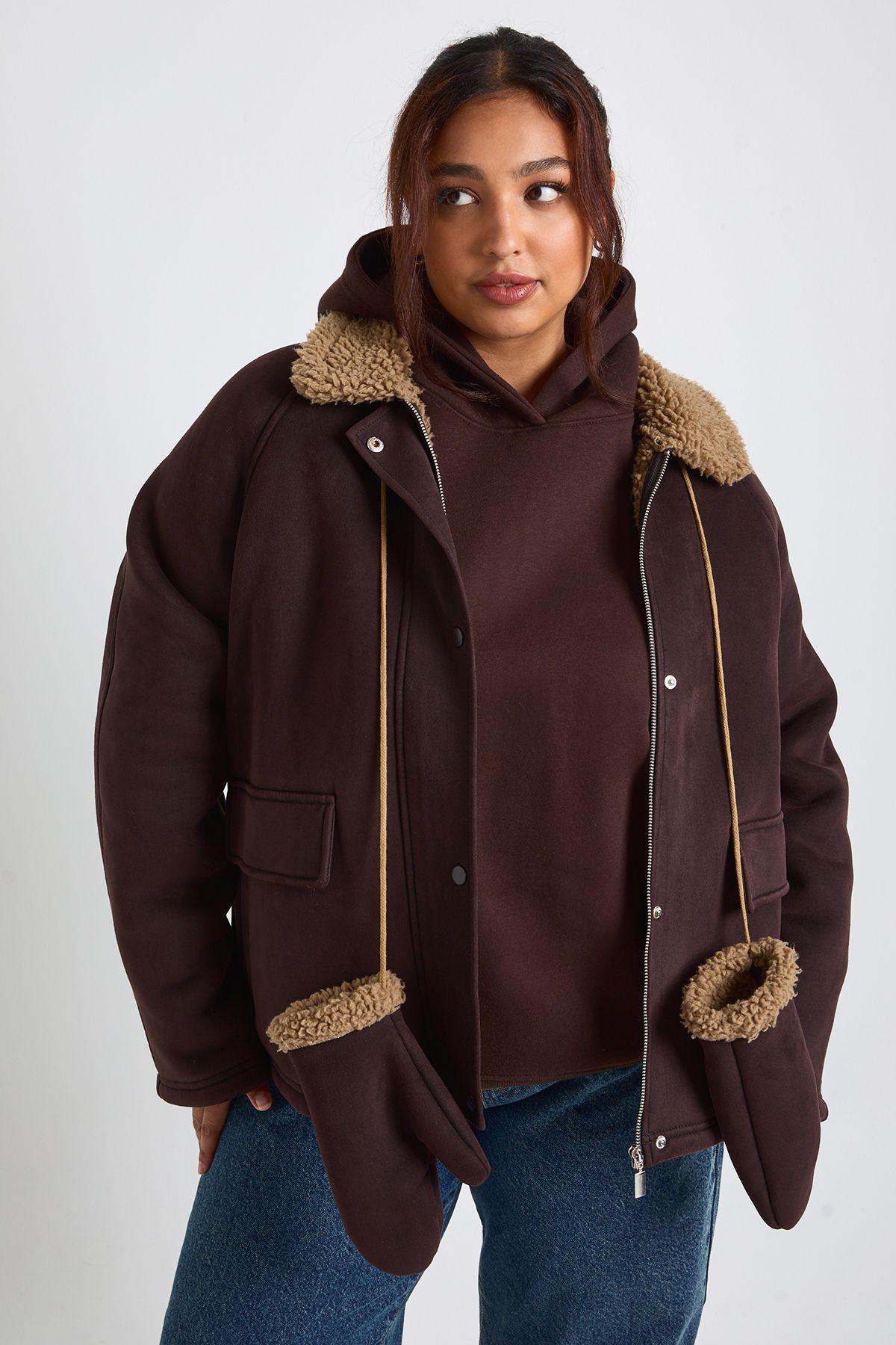 Plus Teddy Trim Detail Oversized Jacket by BOOHOO
