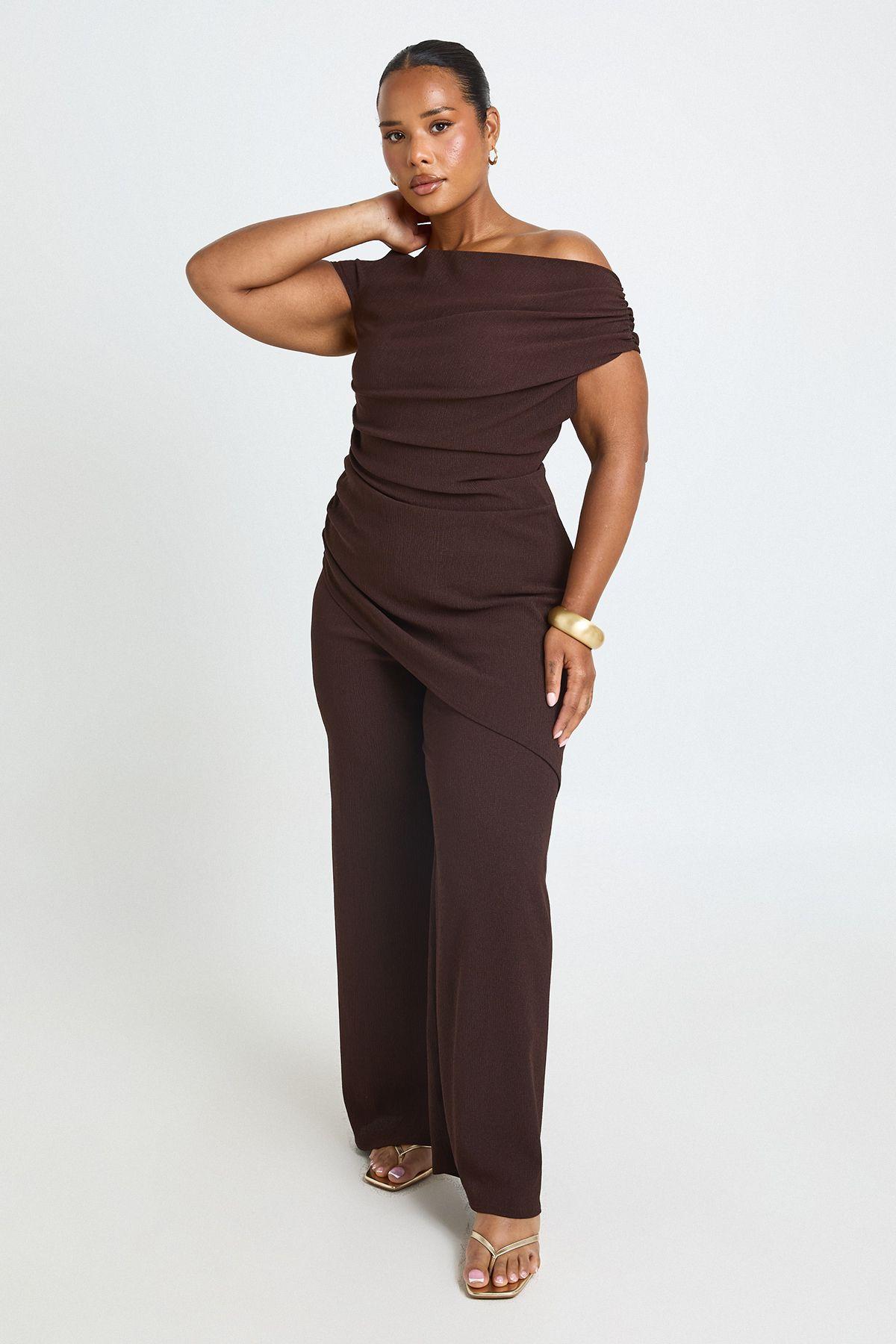 Plus Textured Cowl Neck Asym Hem Top & Wide Leg Trouser Co Ord by BOOHOO