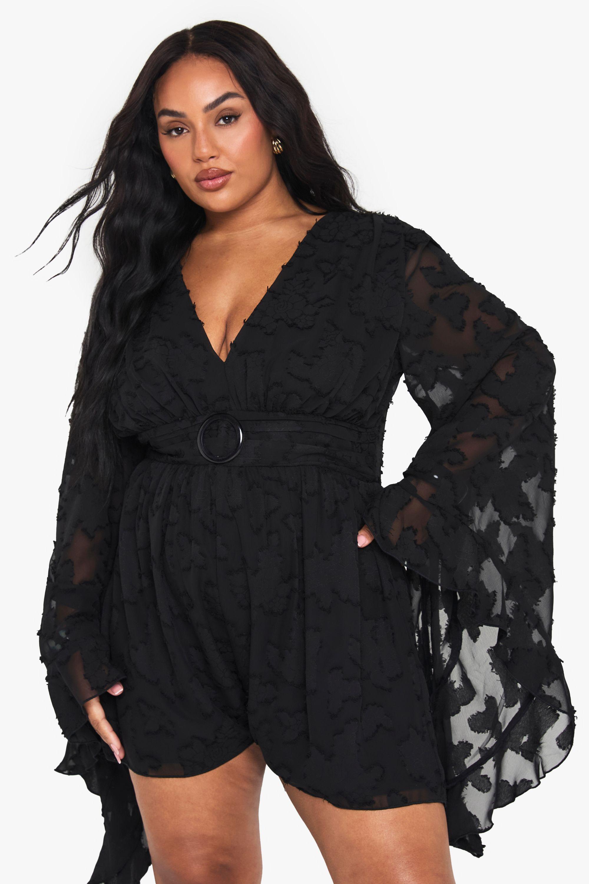 Plus Textured Flare Sleeve Playsuit by BOOHOO