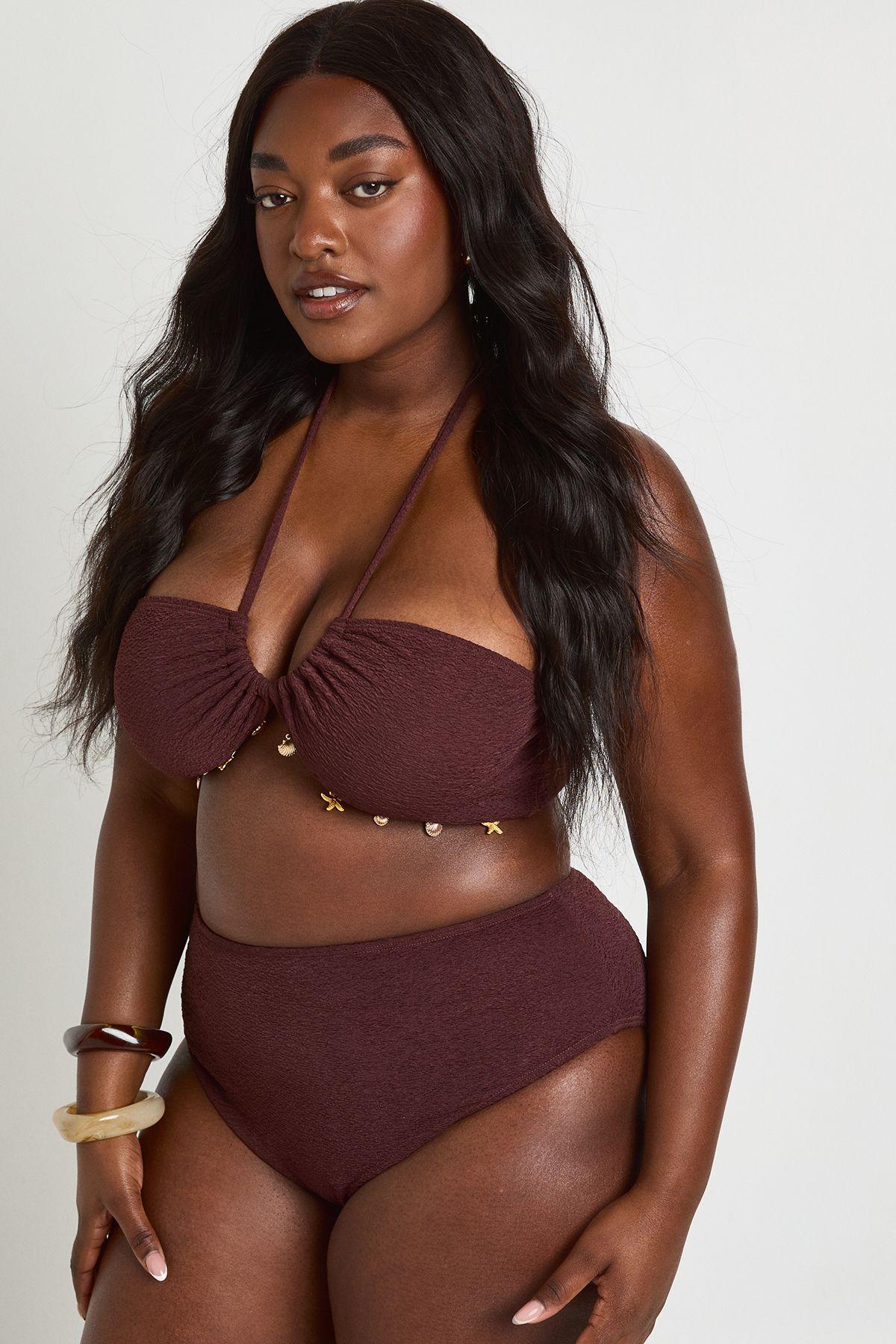 Plus Textured Shell Trim High Waisted Bikini Set by BOOHOO