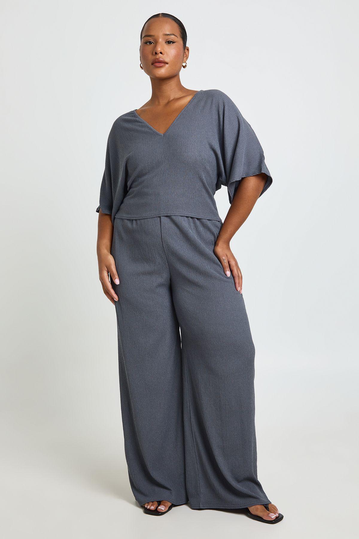 Plus Textured V Neck Cinched Waist Top & Wide Leg Trouser Co Ord by BOOHOO