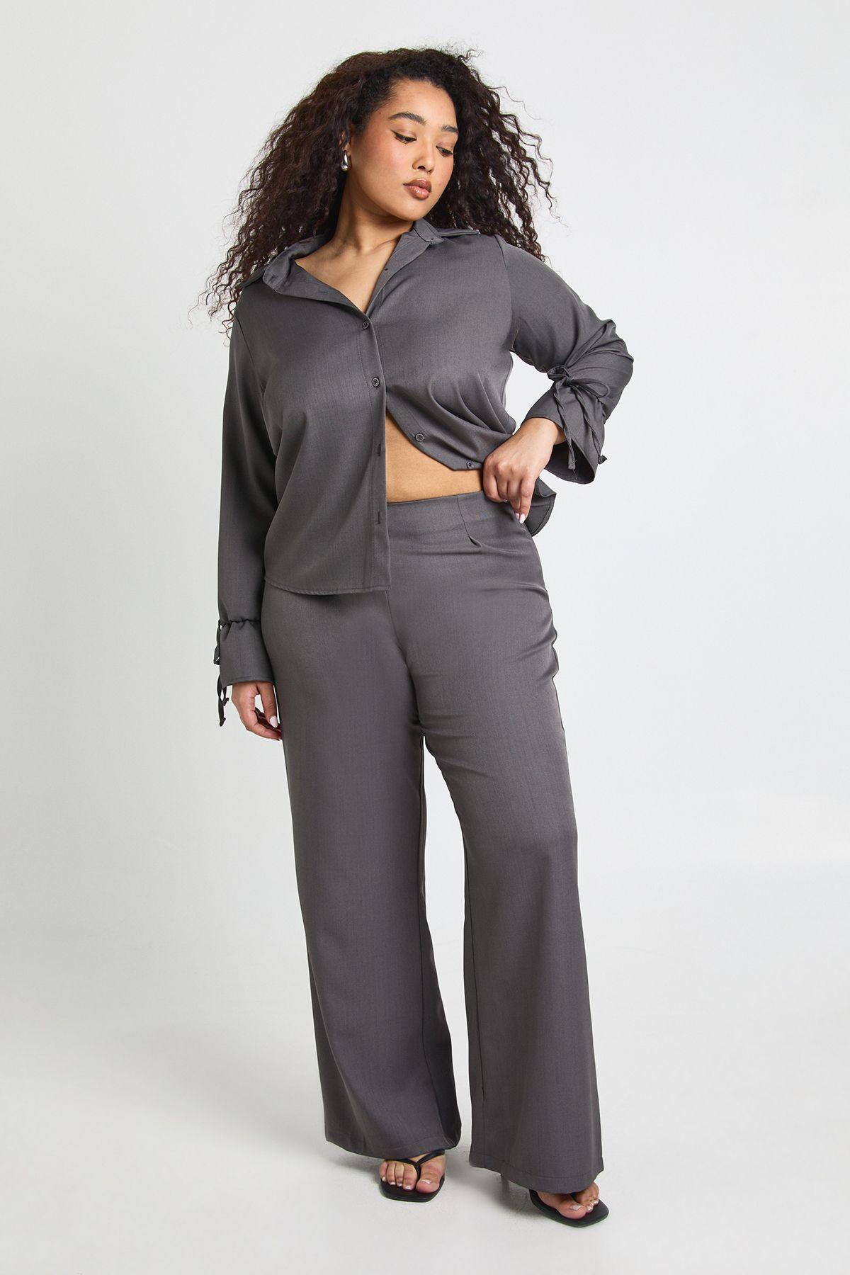 Plus Tie Cuff Detail Woven Shirt And Trouser C o Ord by BOOHOO