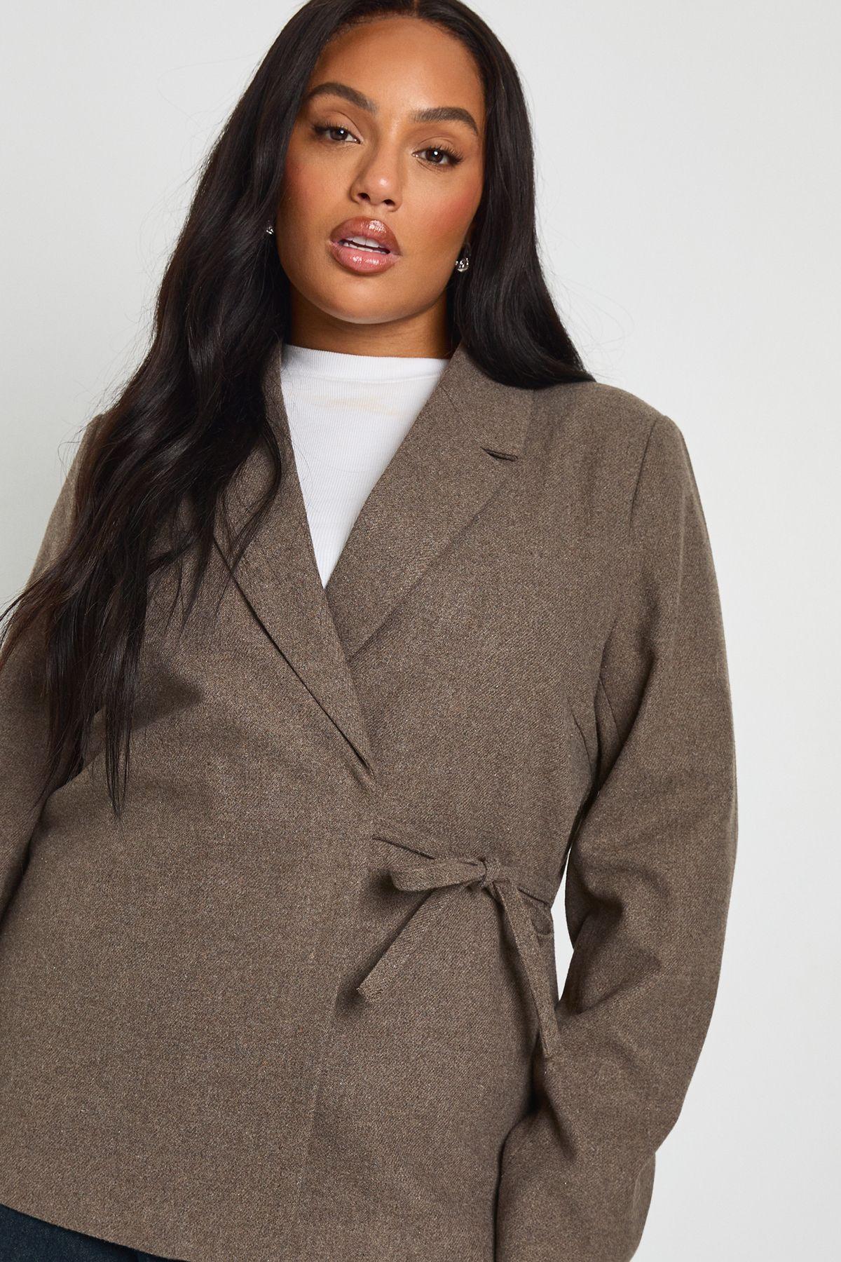 Plus Tie Detail Wool Look Blazer by BOOHOO