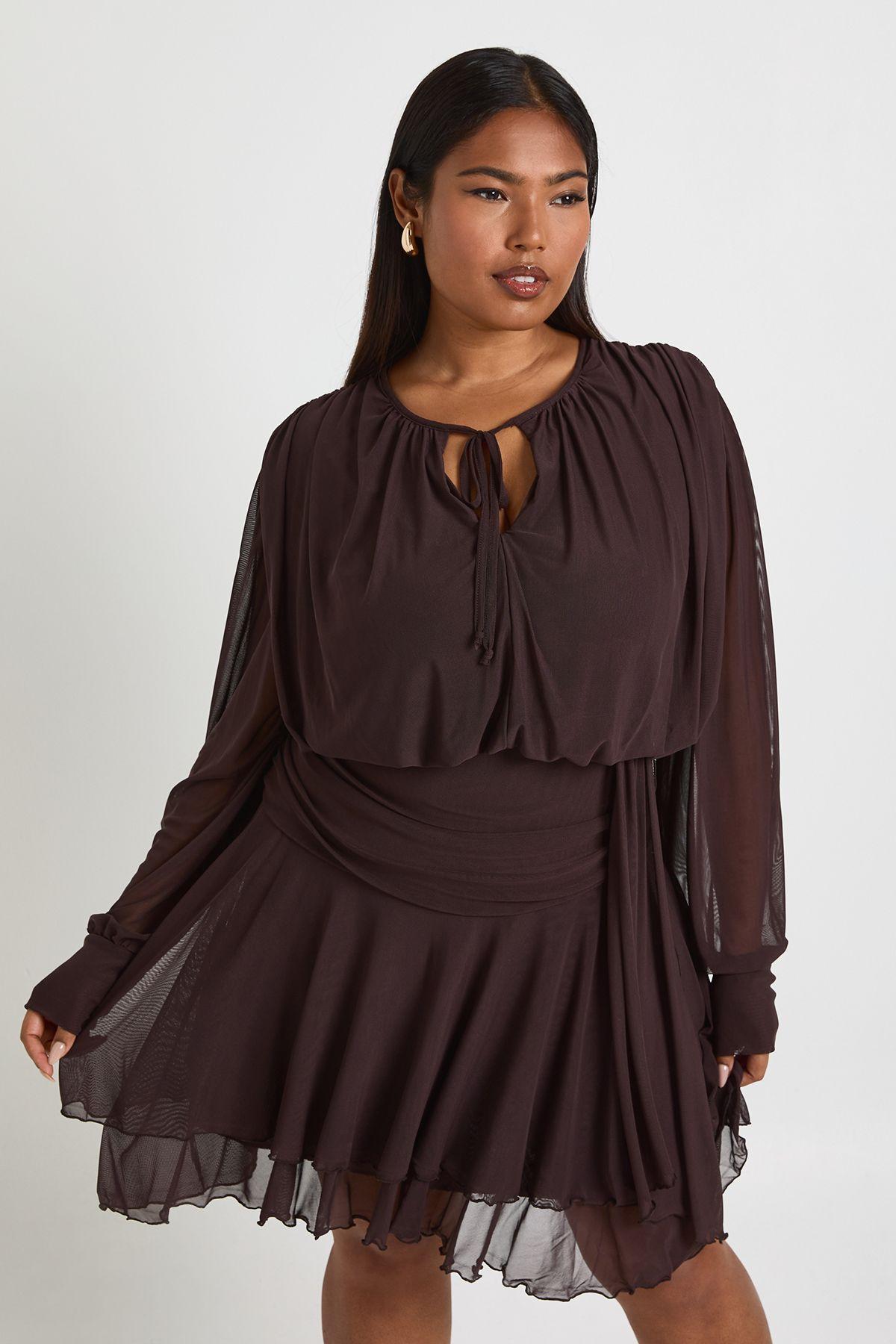 Plus Tie Front Drop Hem Skater Dress by BOOHOO