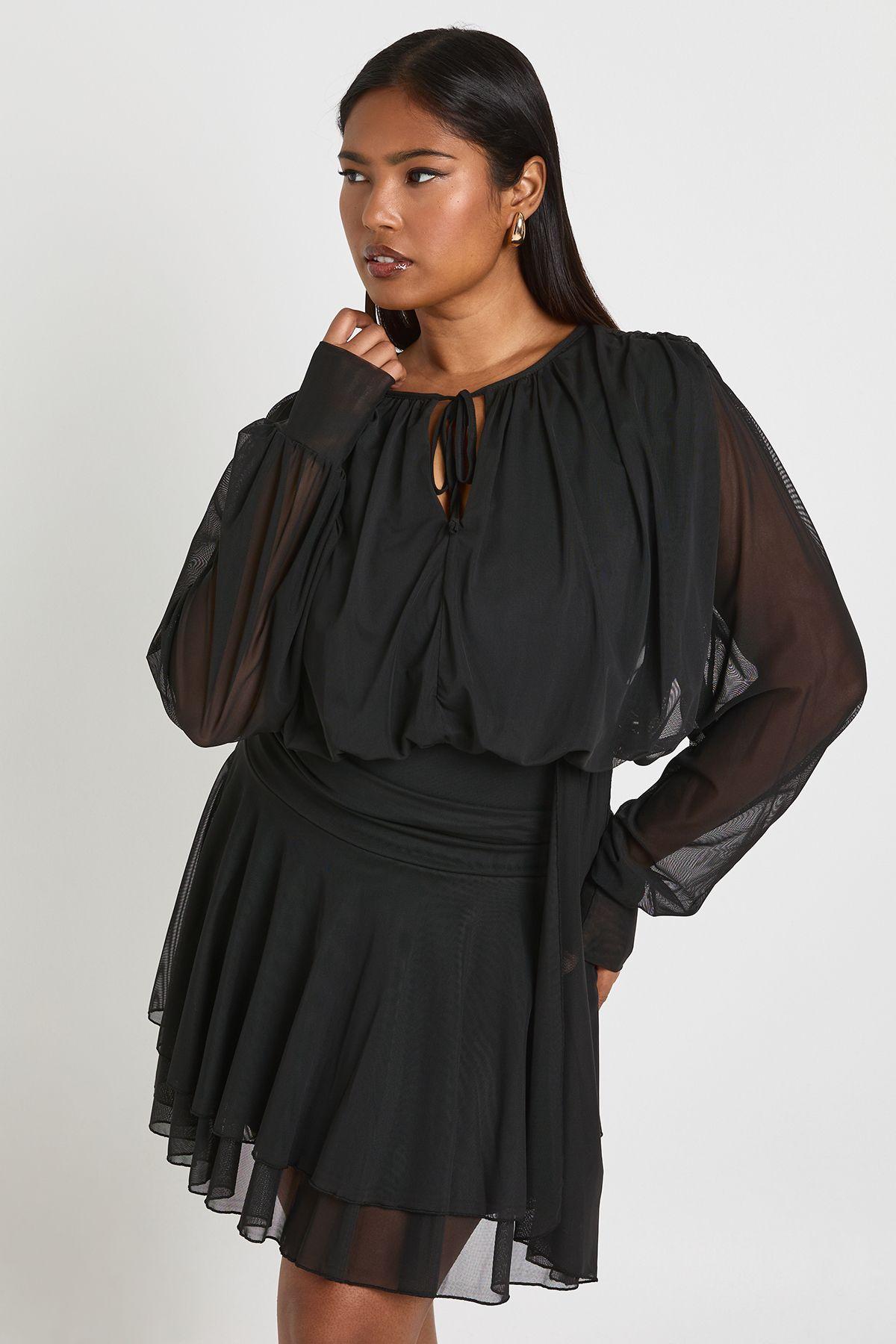 Plus Tie Front Drop Hem Skater Dress by BOOHOO