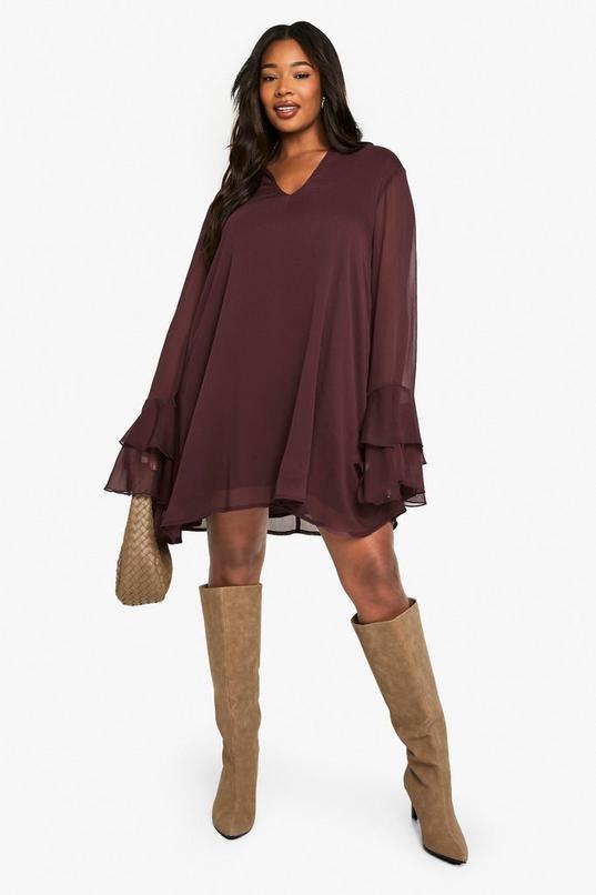 Plus Tie Neck Chiffon Smock Dress by BOOHOO