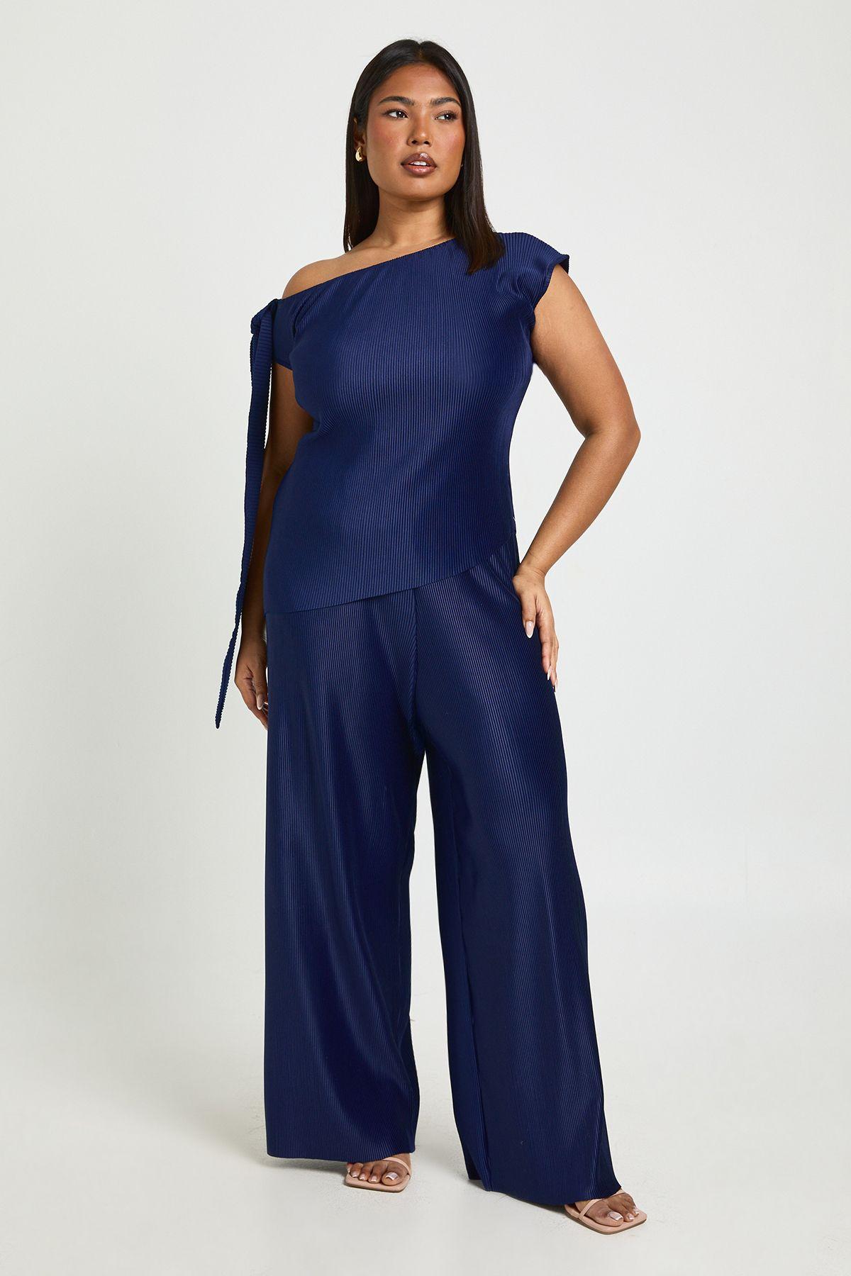Plus Tie Shoulder Asymmetric Hem and Wide Leg Trouser Co-ord by BOOHOO