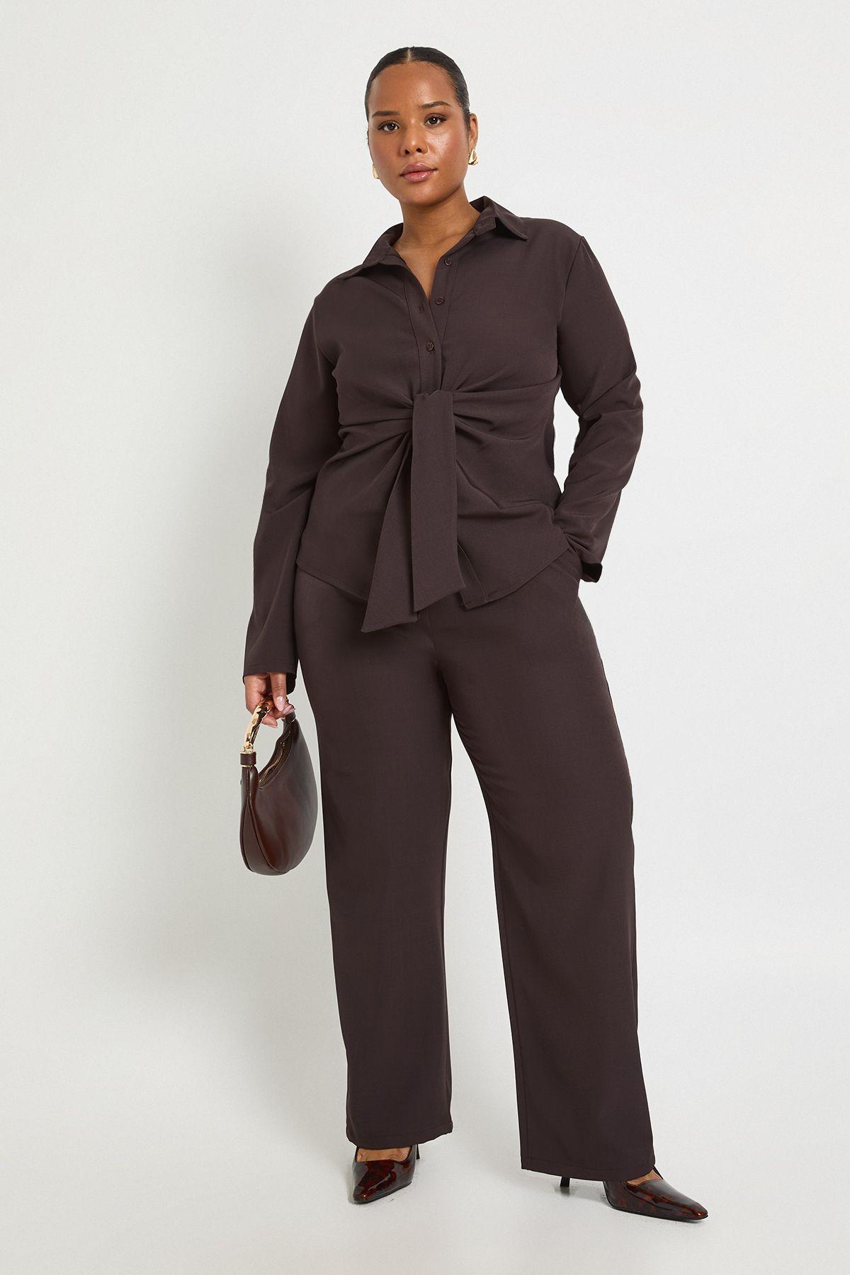 Plus Tied Front Woven Shirt And Wide Leg Trouser by BOOHOO