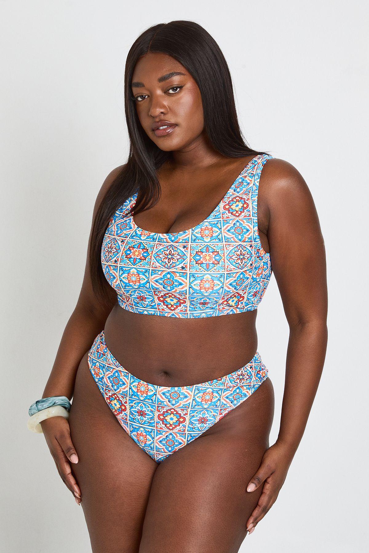 Plus Tile Print Scoop Bikini Set by BOOHOO