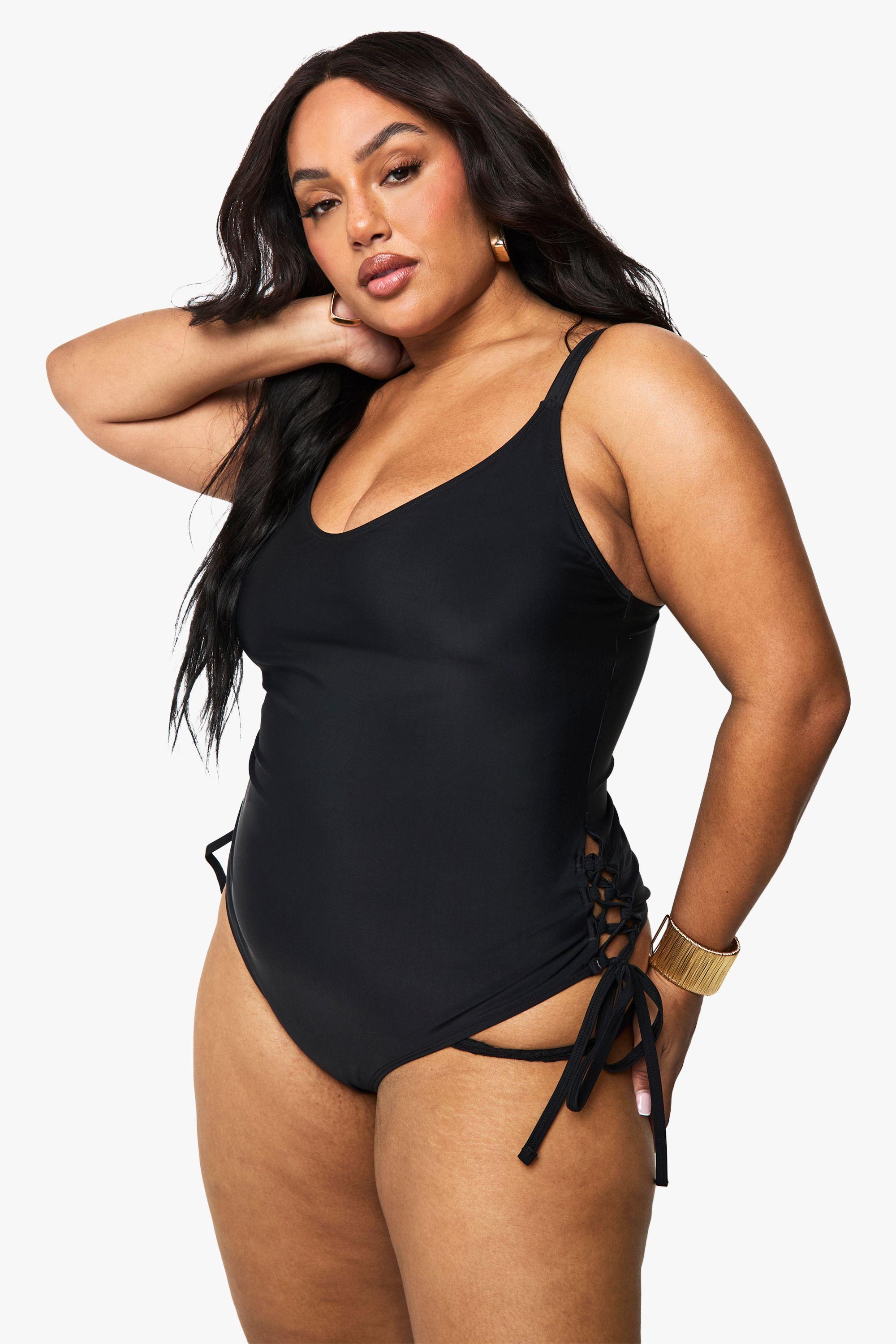 Plus Tummy Control Lace Up Detail Swimsuit by BOOHOO
