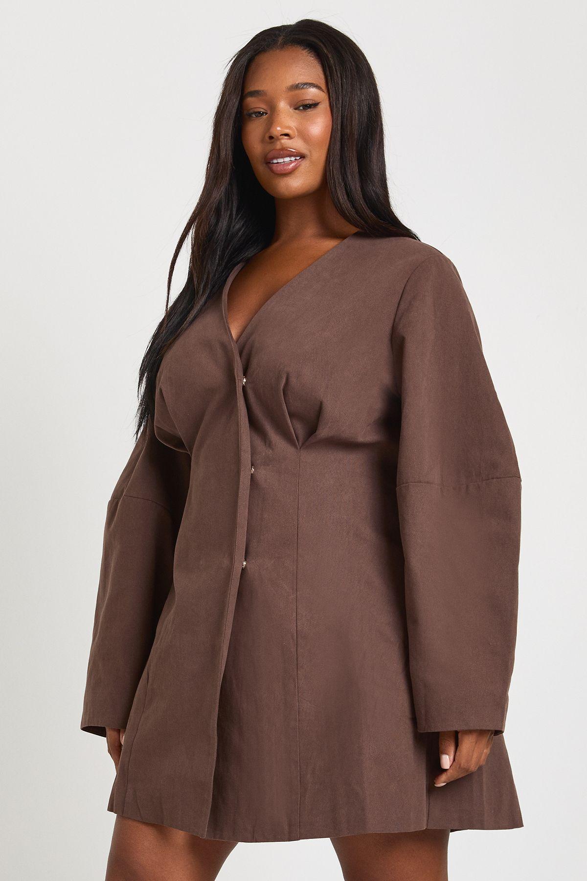 Plus Twill Balloon Sleeve Cinched Mini Dress by BOOHOO