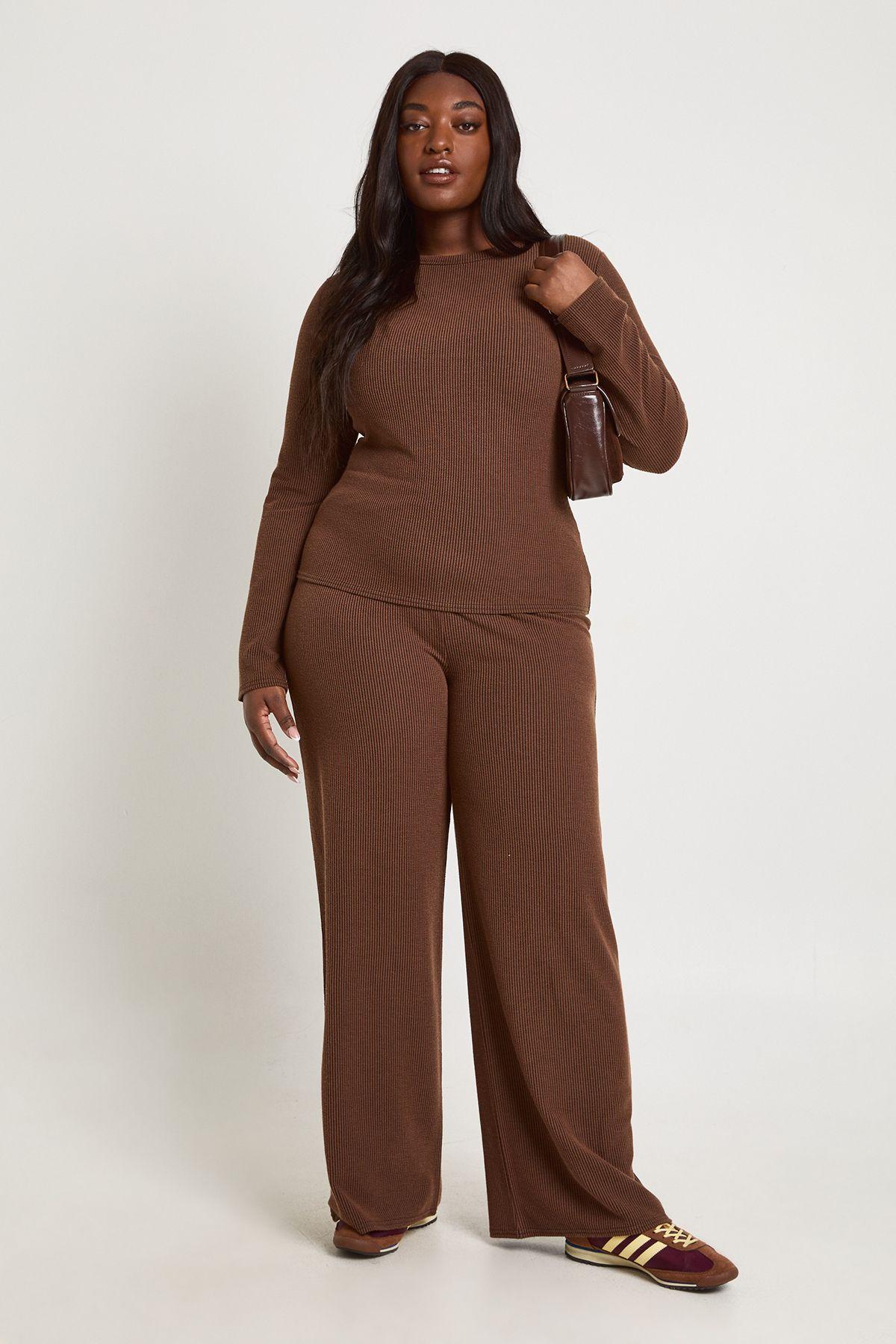 Plus Two Toned Rib Long Sleeve Top & Wide Leg Trouser Co Ord by BOOHOO