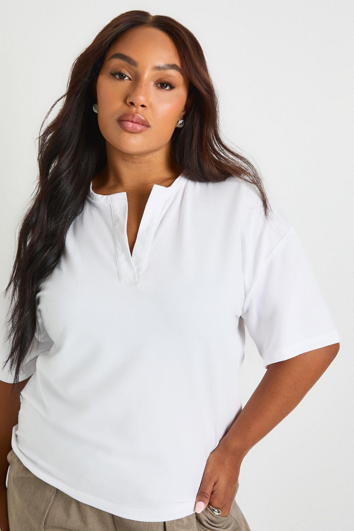 Plus V Neck Detail T-Shirt by BOOHOO