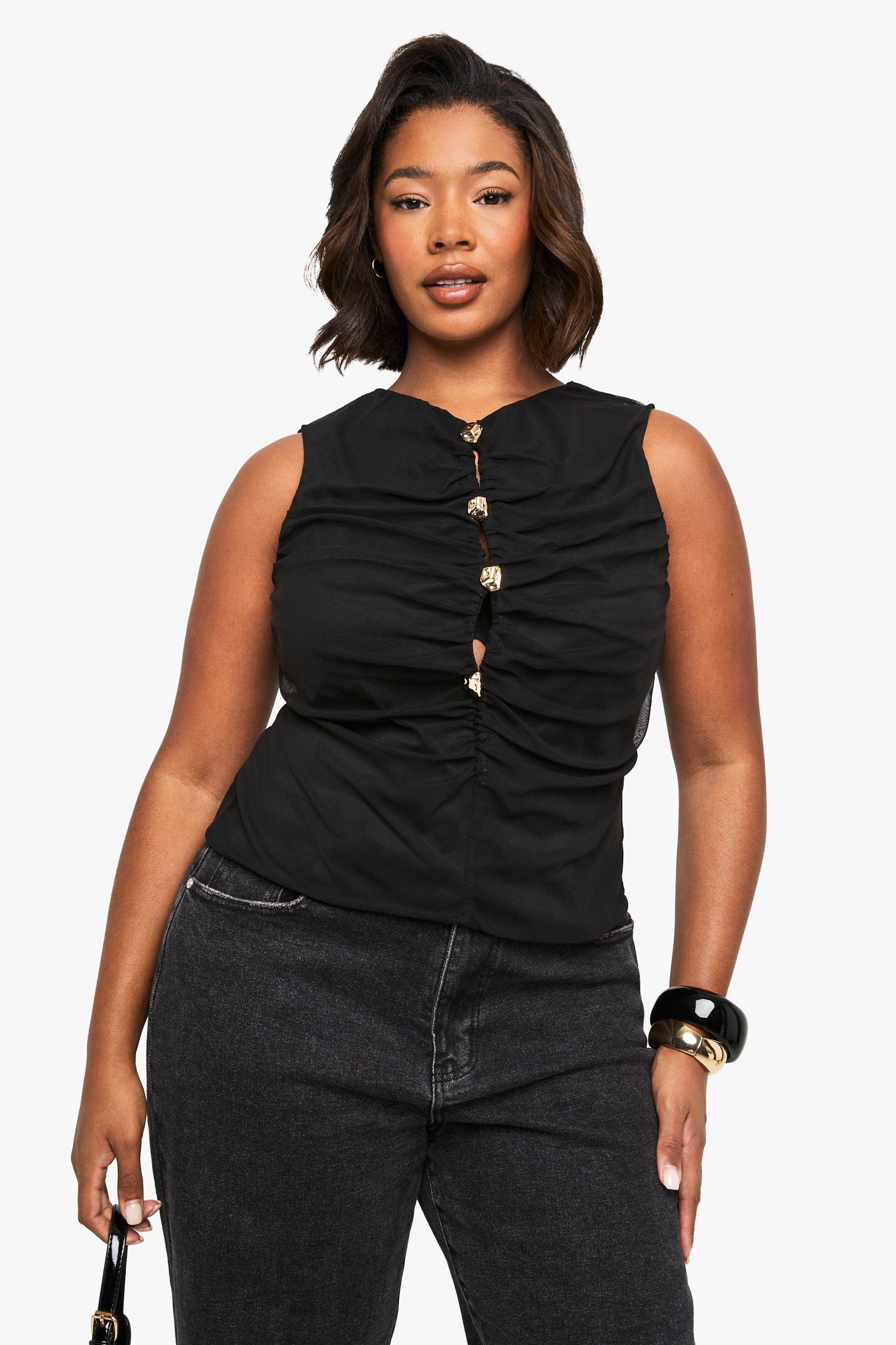 Plus V Neck Gold Button Top by BOOHOO