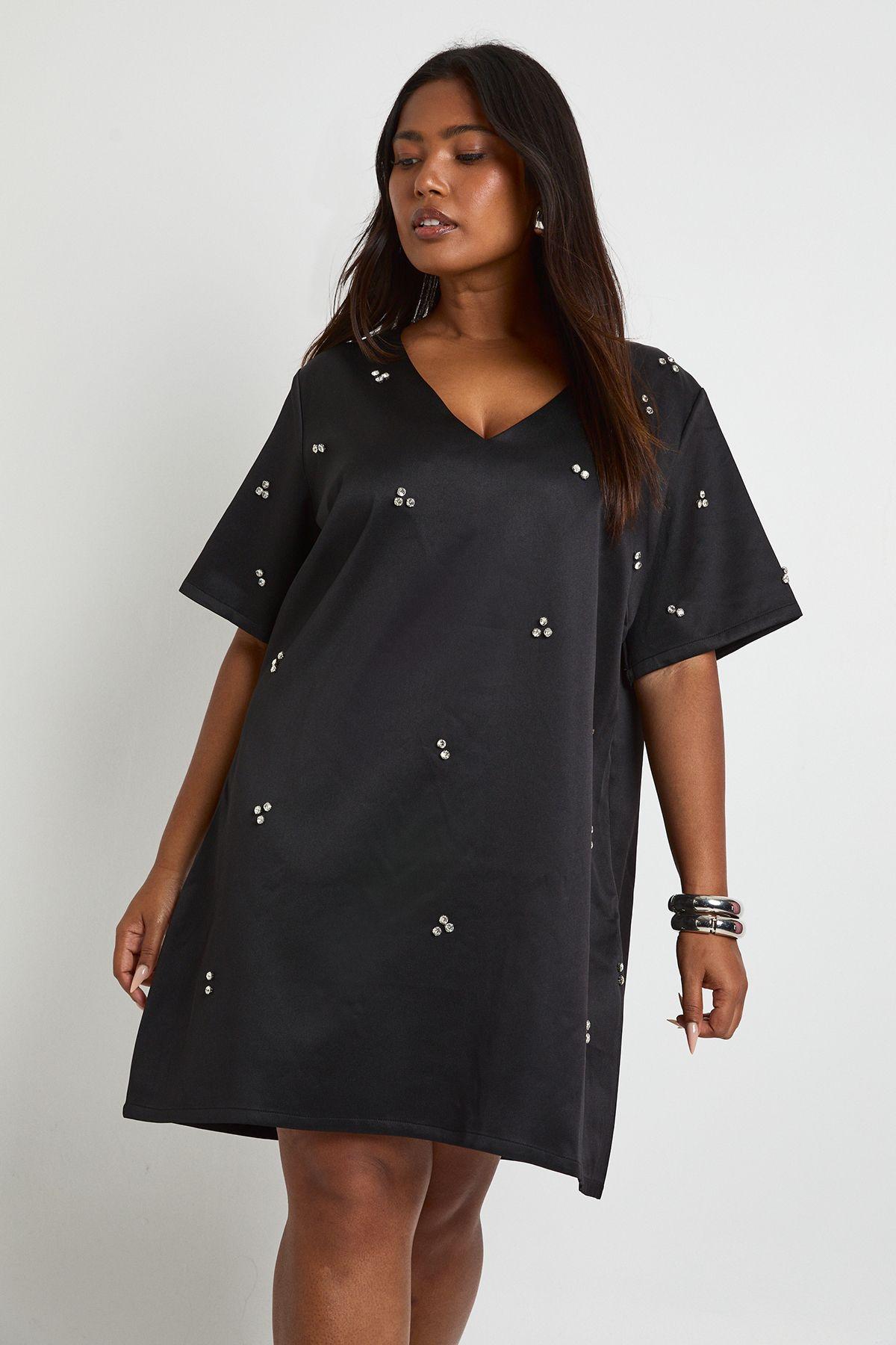 Plus V Neck Shift Diamante Overall by BOOHOO