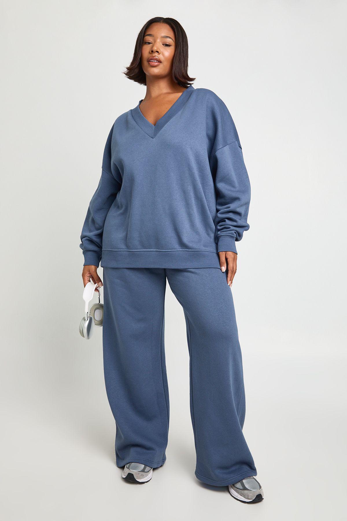 Plus V Neck Varsity Sweashirt Tracksuit by BOOHOO