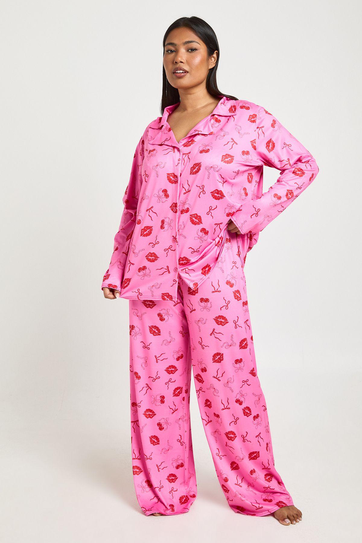 Plus Valentines Cherries And Kisses Print Long Sleeve Shirt & Trouser Pyjama Set by BOOHOO