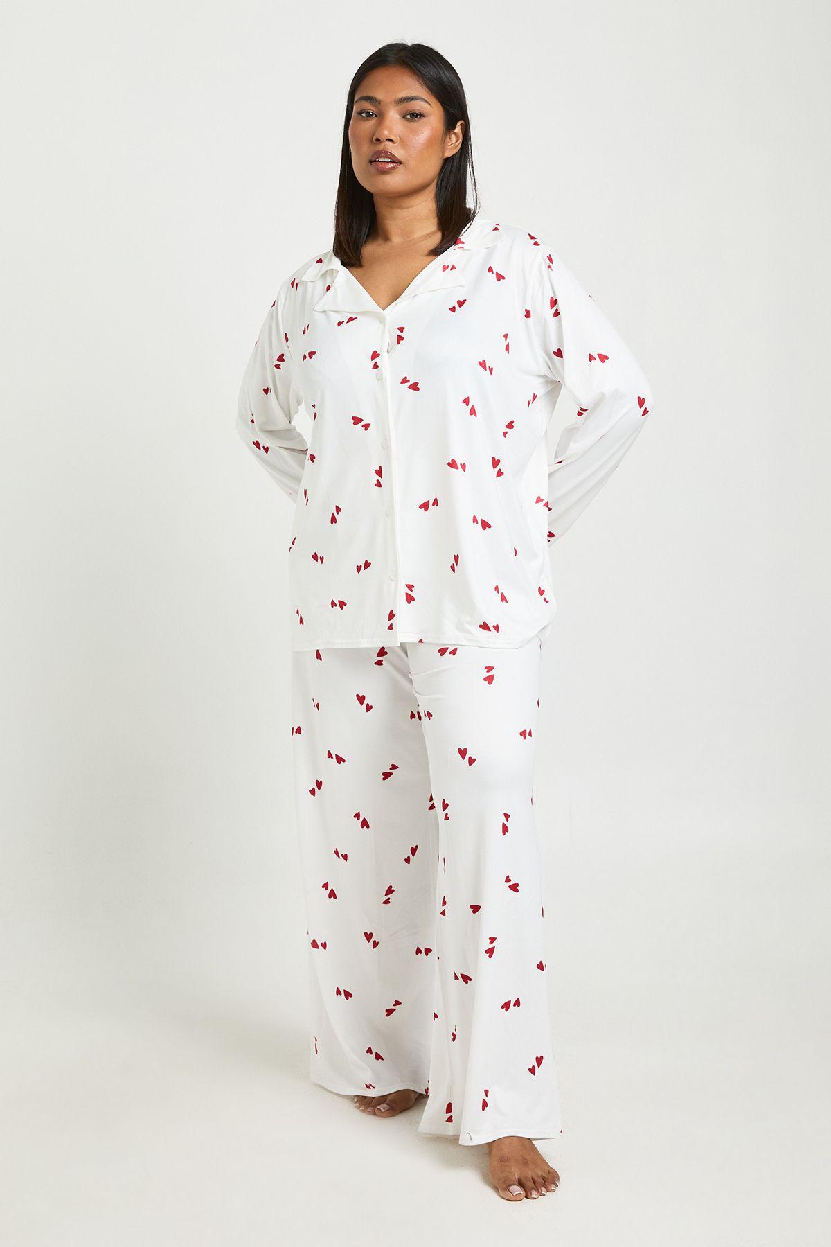 Plus Valentines Heart Print Long Sleeve Shirt & Trouser Pyjama Set by BOOHOO