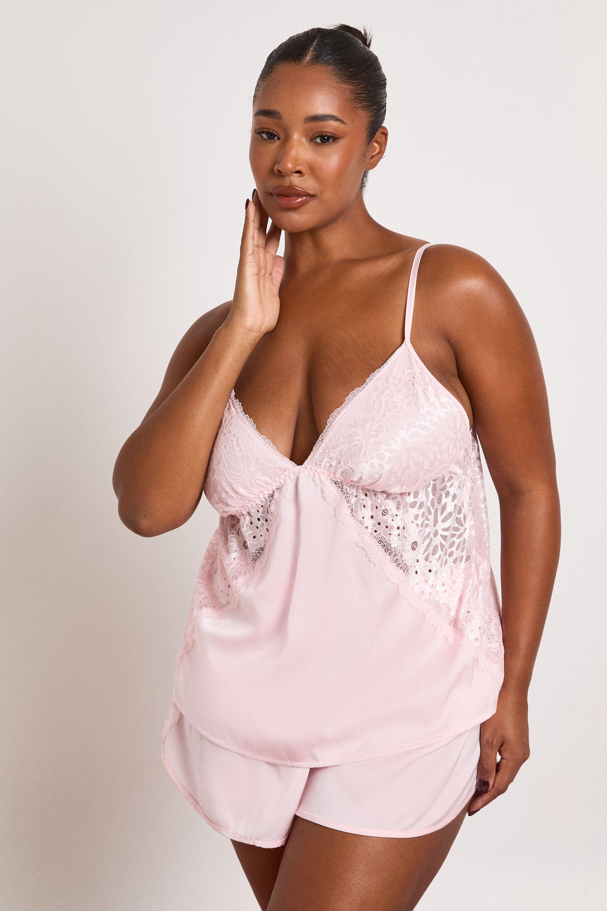 Plus Valentines Satin Lace Detail Cami & Short Pyjama Set by BOOHOO