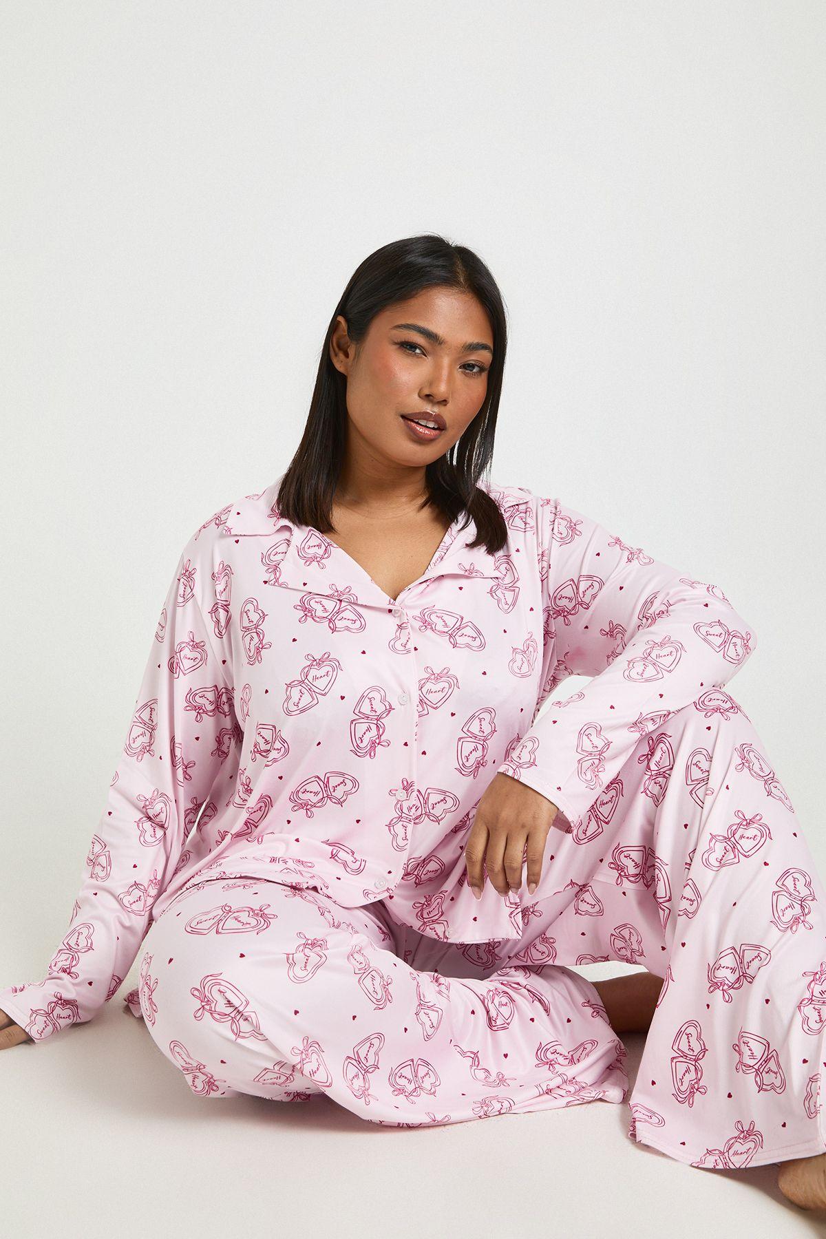Plus Valentines Sweetheart Print Long Sleeve Shirt & Trouser Pyjama Set by BOOHOO