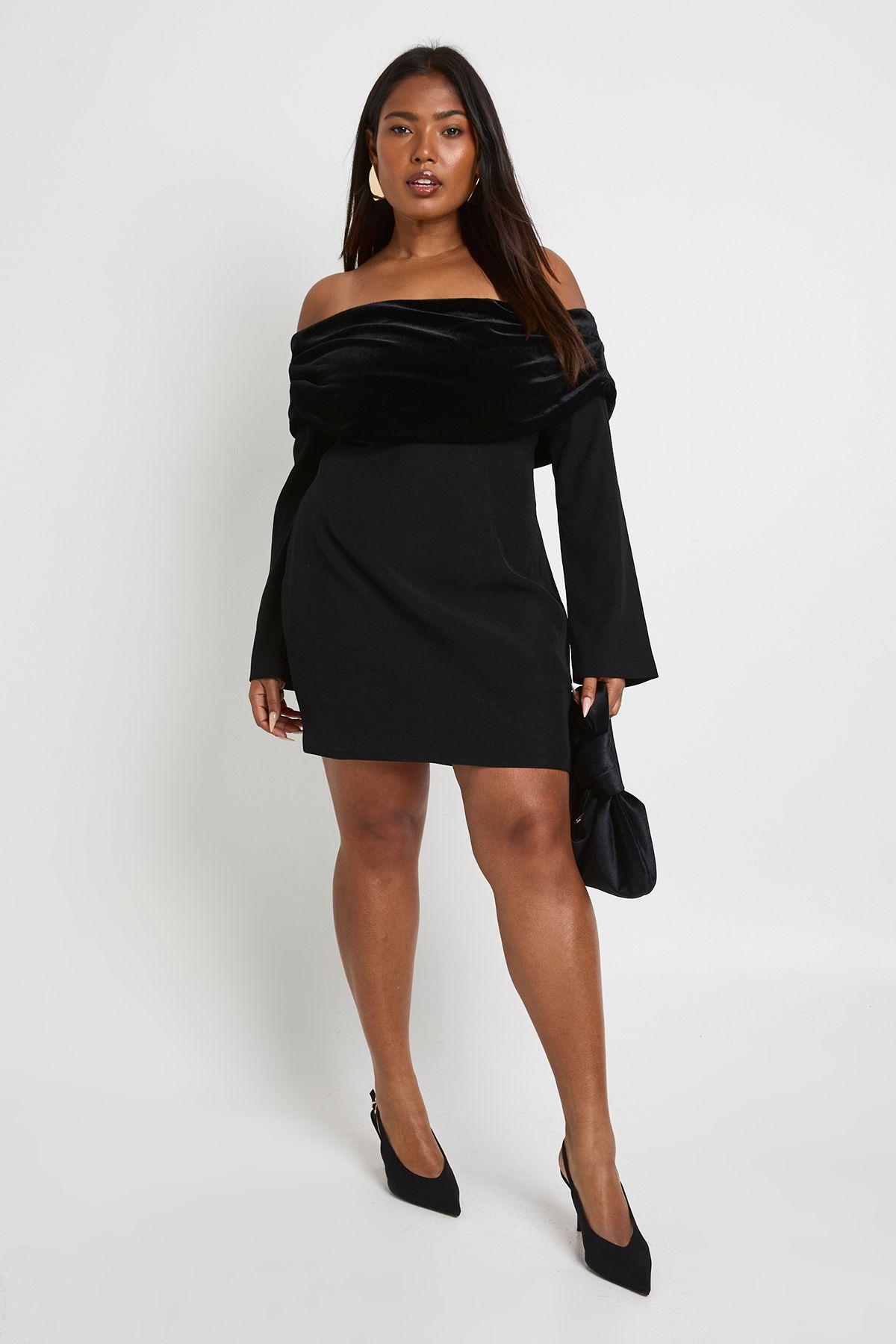 Plus Velvet Fold Over Bardot Tailored Mini Dress by BOOHOO